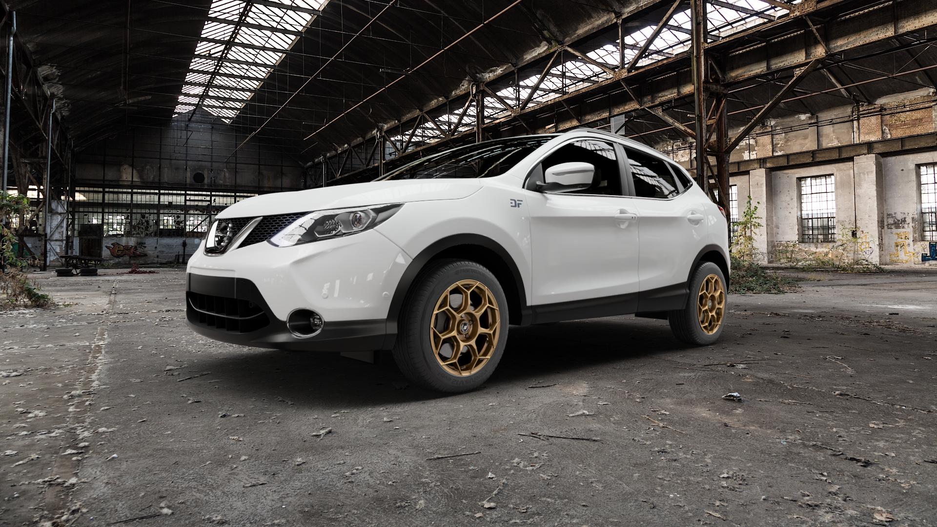 GMP Italia Raceway Oro Corsa Felge mit Reifen gold in 17Zoll Winterfelge Alufelge auf weissem Nissan Qashqai Typ J11 Facelift ⬇️ mit 15mm Tieferlegung ⬇️ Old Industrial Hall_max5000mm_2022 Frontansicht_1
