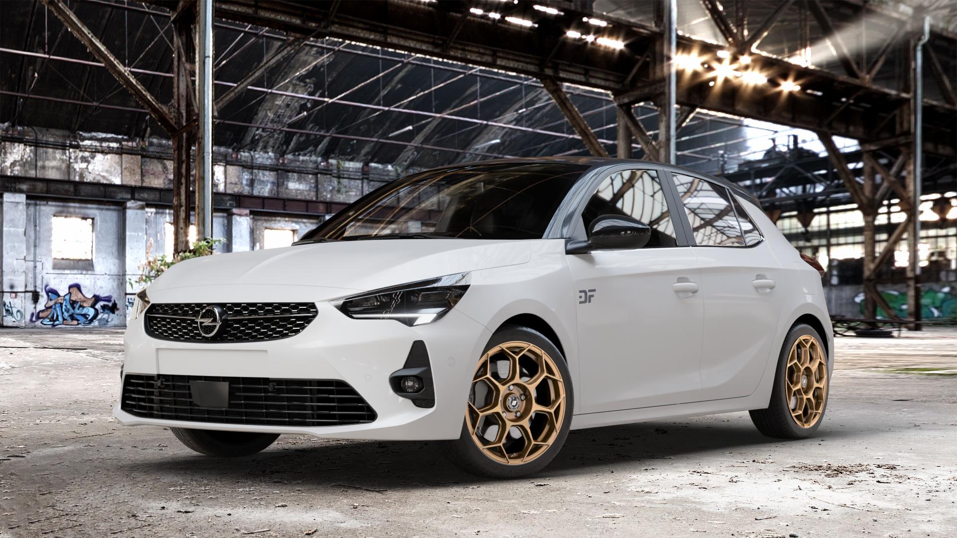 GMP Italia Raceway Oro Corsa Felge mit Reifen gold in 17Zoll Winterfelge Alufelge auf weissem Opel Corsa F Typ U ⬇️ mit 15mm Tieferlegung ⬇️ Old Industrial Hall_max_4400mm_2024 Frontansicht_1