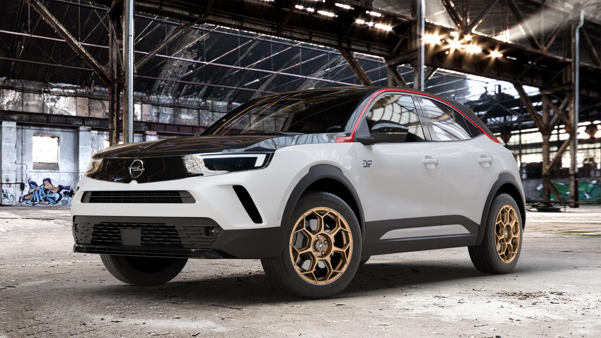 GMP Italia Raceway Oro Corsa Felge mit Reifen gold in 17Zoll Winterfelge Alufelge auf weissem Opel Mokka Typ U 1,2l Turbo 74kW (101 PS) 96kW (131 1,5l D 81kW (110 ⬇️ mit 15mm Tieferlegung ⬇️ Old Industrial Hall_max_4400mm_2024 Frontansicht_1