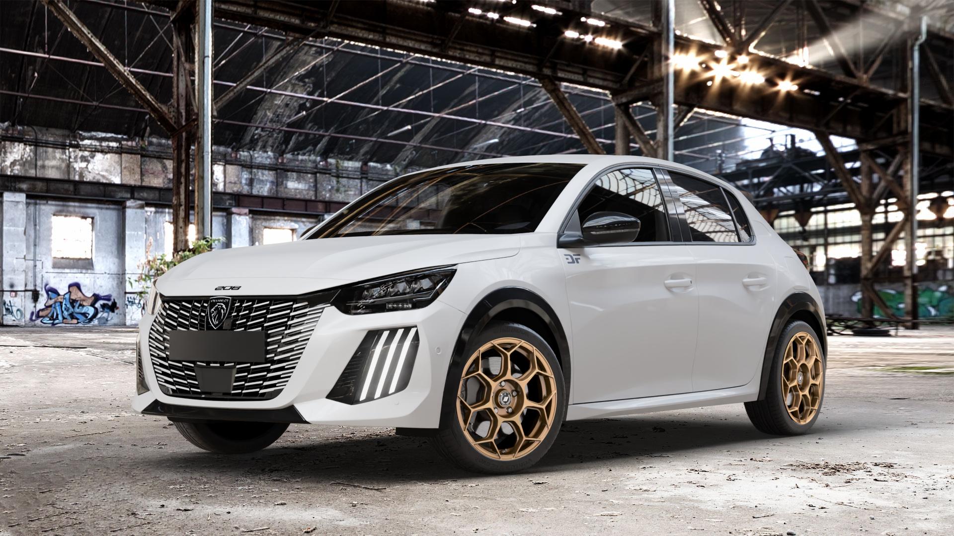 GMP Italia Raceway Oro Corsa Felge mit Reifen gold in 17Zoll Winterfelge Alufelge auf weissem Peugeot 208 Typ U Facelift 1,2l PureTech 55kW (75 PS) 74kW (101 Mild-Hybrid 96kW (131 100kW (136 1,5l HDi 75kW (102 ⬇️ mit 15mm Tieferlegung ⬇️ Old Industrial Hall_max_4400mm_2024 Frontansicht_1