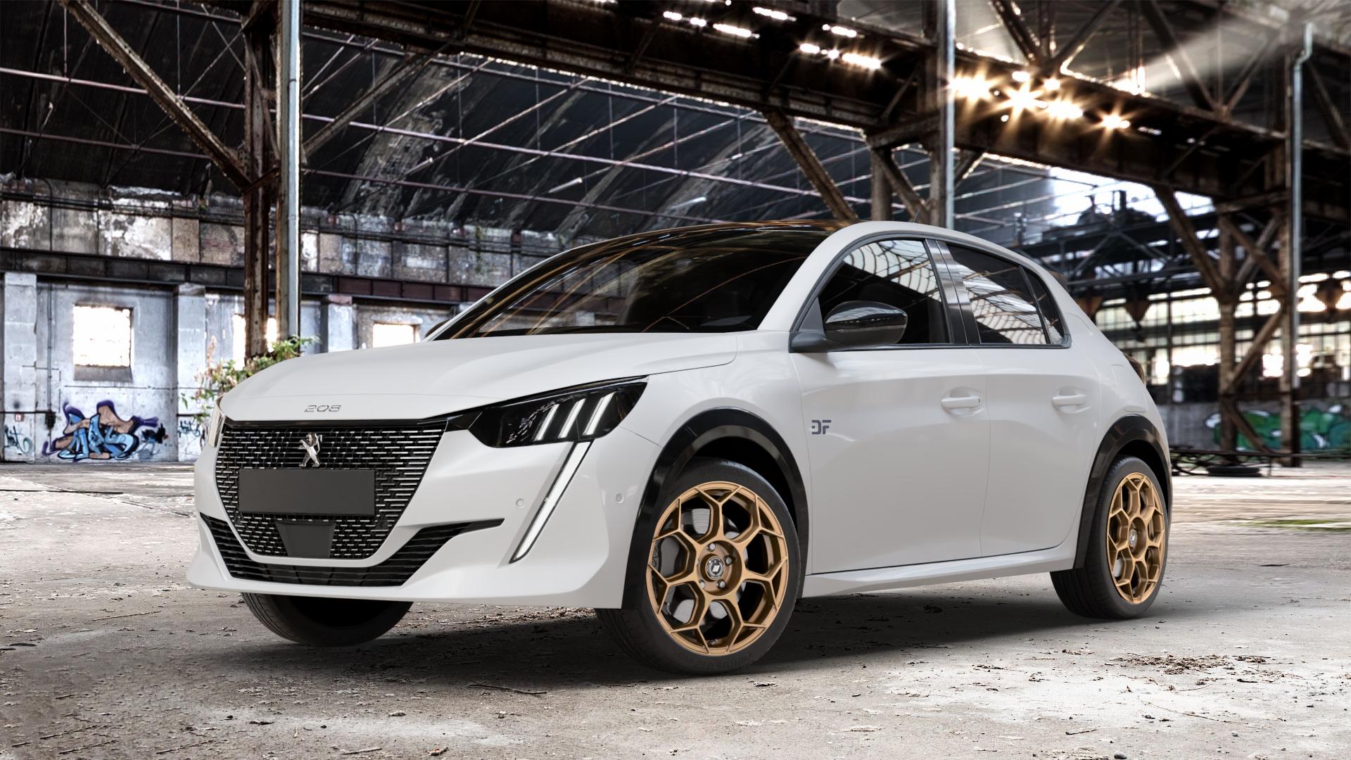 GMP Italia Raceway Oro Corsa Felge mit Reifen gold in 17Zoll Winterfelge Alufelge auf weissem Peugeot 208 Typ U ⬇️ mit 15mm Tieferlegung ⬇️ Old Industrial Hall_max_4400mm_2024 Frontansicht_1