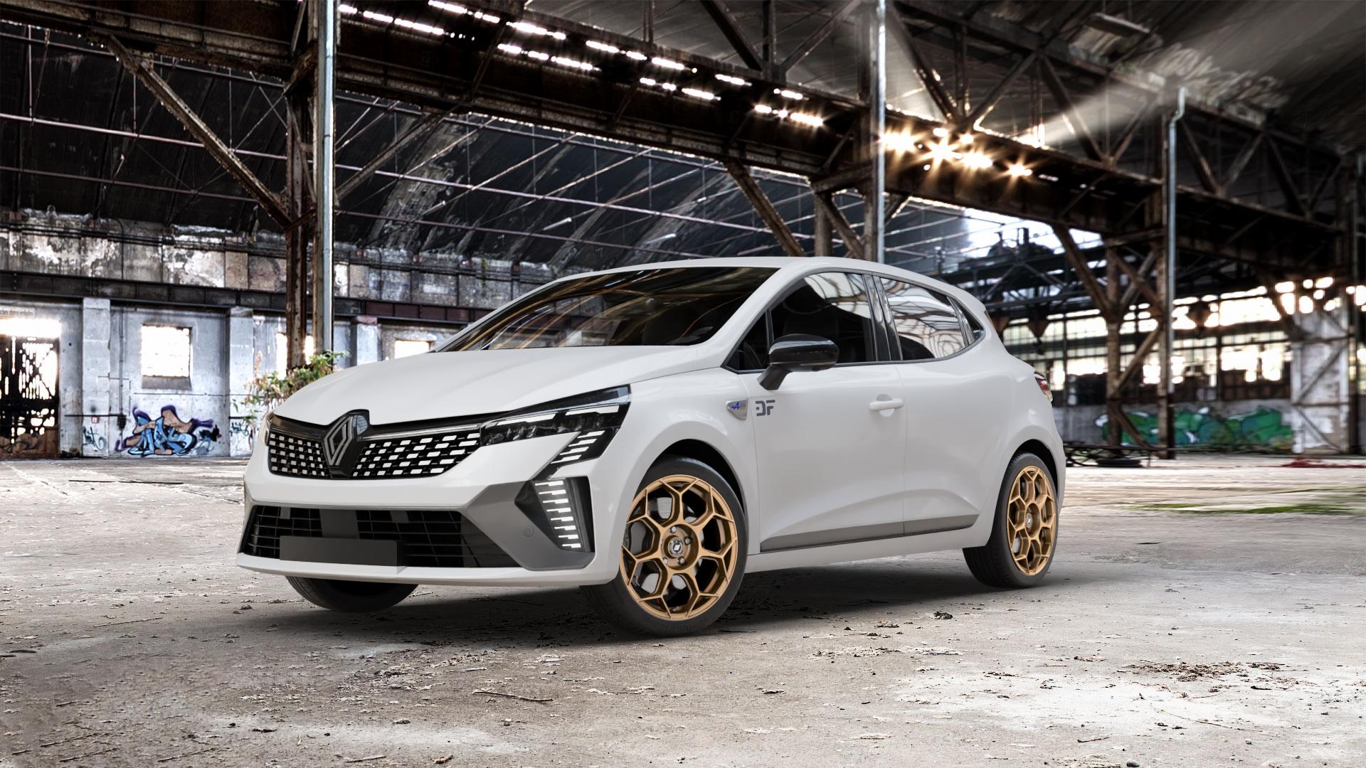 GMP Italia Raceway Oro Corsa Felge mit Reifen gold in 17Zoll Winterfelge Alufelge auf weissem Renault Clio V Typ RJA Facelift ⬇️ mit 15mm Tieferlegung ⬇️ Old Industrial Hall_max_5300mm_2024 Frontansicht_1