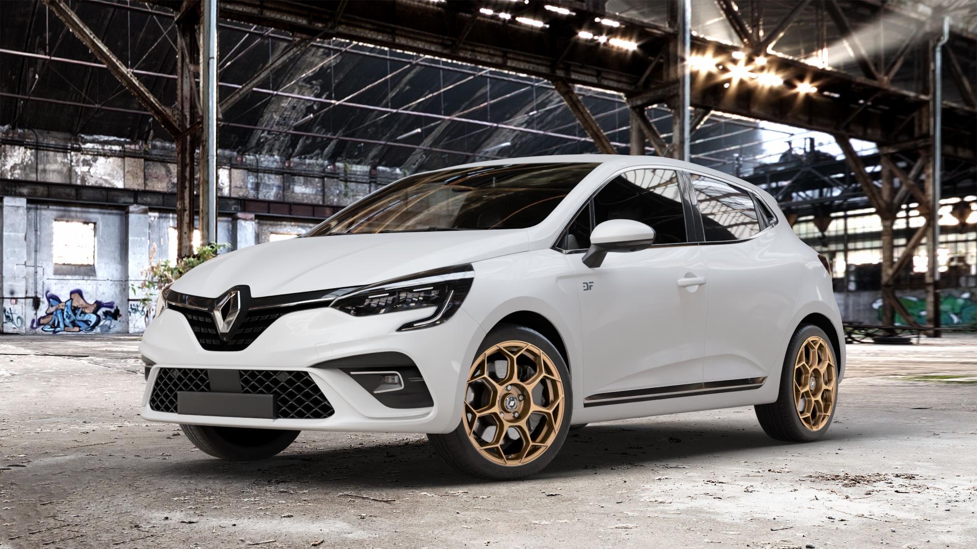 GMP Italia Raceway Oro Corsa Felge mit Reifen gold in 17Zoll Winterfelge Alufelge auf weissem Renault Clio V Typ RJA ⬇️ mit 15mm Tieferlegung ⬇️ Old Industrial Hall_max_4400mm_2024 Frontansicht_1