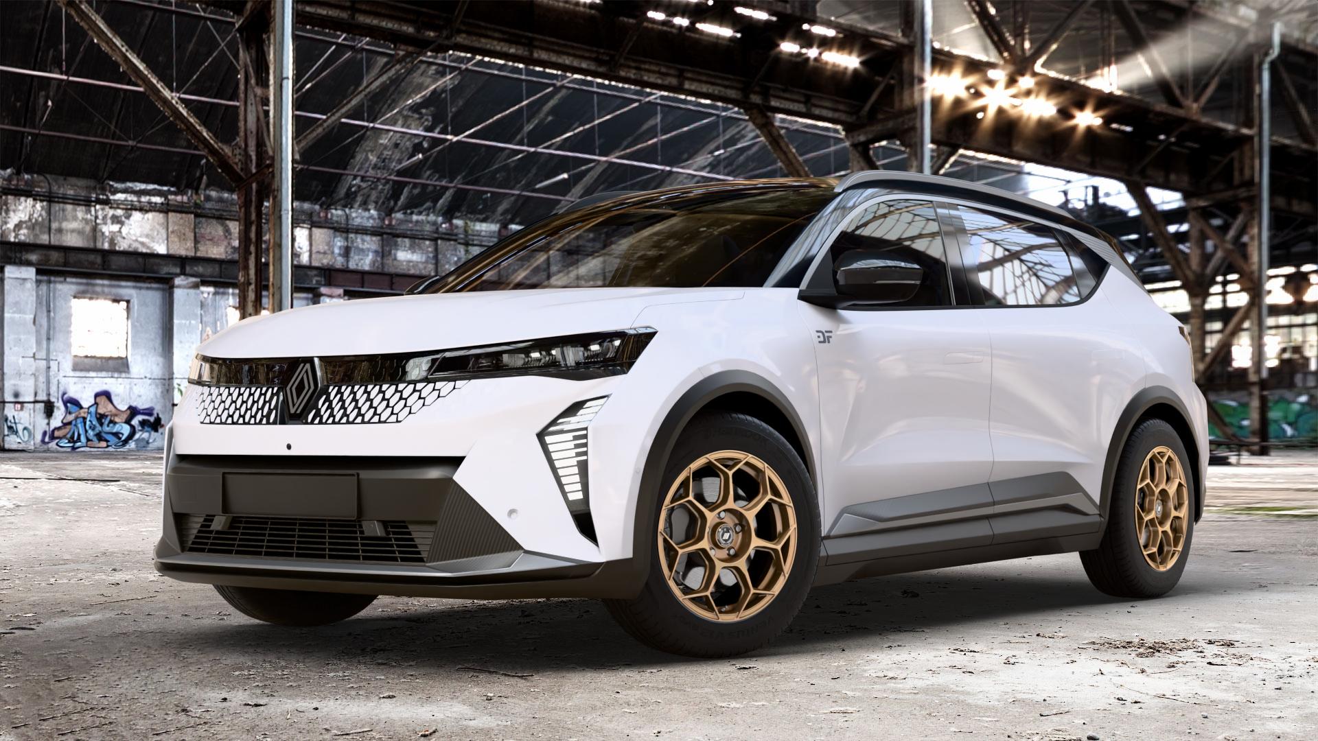 GMP Italia Raceway Oro Corsa Felge mit Reifen gold in 17Zoll Winterfelge Alufelge auf weissem Renault Scénic V E-Tech Typ RCB 0,0l 55kW (75 PS) ⬇️ mit 15mm Tieferlegung ⬇️ Old Industrial Hall_max_4400mm_2024 Frontansicht_1