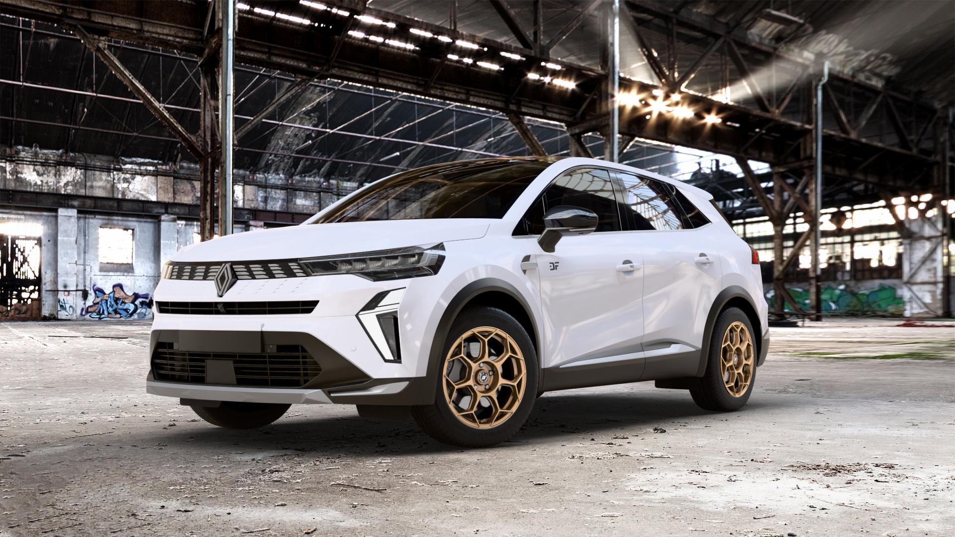 GMP Italia Raceway Oro Corsa Felge mit Reifen gold in 17Zoll Winterfelge Alufelge auf weissem Renault Symbioz Typ RJB ⬇️ mit 15mm Tieferlegung ⬇️ Old Industrial Hall_max_5300mm_2024 Frontansicht_1
