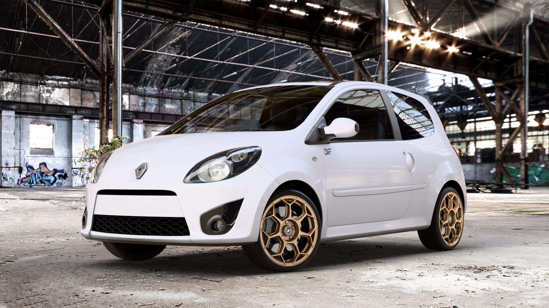 GMP Italia Raceway Oro Corsa Felge mit Reifen gold in 17Zoll Winterfelge Alufelge auf weissem Renault Twingo II Typ CNO 1,2l 43kW (58 PS) 16V 56kW (76 Turbo 74kW (101 1,5l dCi 47kW (64 1,6l RS 98kW (133 55kW (75 62kW (84 63kW (86 ⬇️ mit 15mm Tieferlegung ⬇️ Old Industrial Hall_max_4400mm_2024 Frontansicht_1