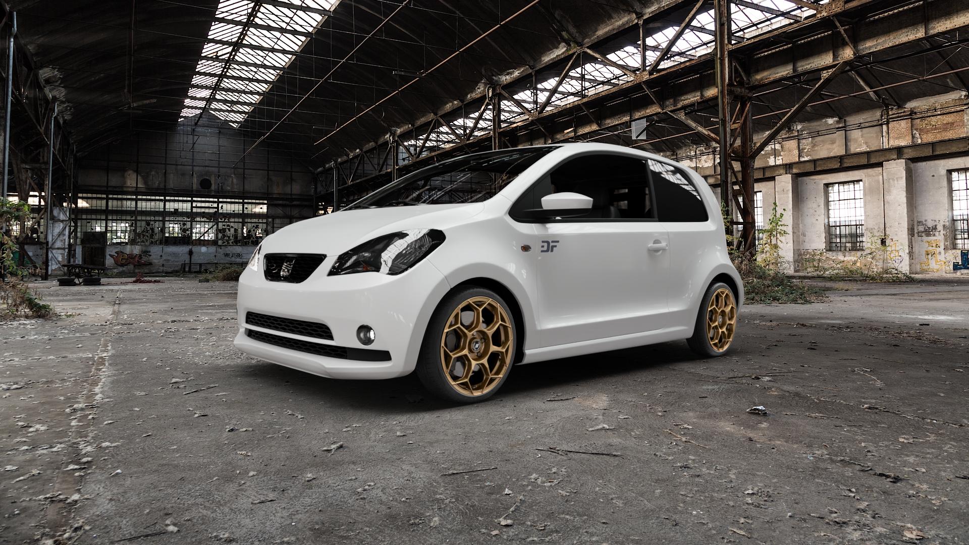 GMP Italia Raceway Oro Corsa Felge mit Reifen gold in 17Zoll Winterfelge Alufelge auf weissem Seat Mii ⬇️ mit 15mm Tieferlegung ⬇️ Old Industrial Hall_max5000mm_2022 Frontansicht_1
