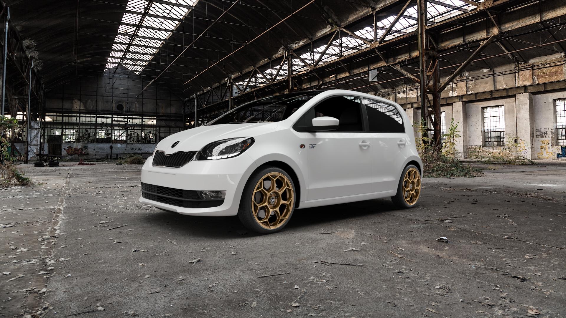 GMP Italia Raceway Oro Corsa Felge mit Reifen gold in 17Zoll Winterfelge Alufelge auf weissem Skoda Citigo Typ AA Facelift ⬇️ mit 15mm Tieferlegung ⬇️ Old Industrial Hall_max5000mm_2022 Frontansicht_1