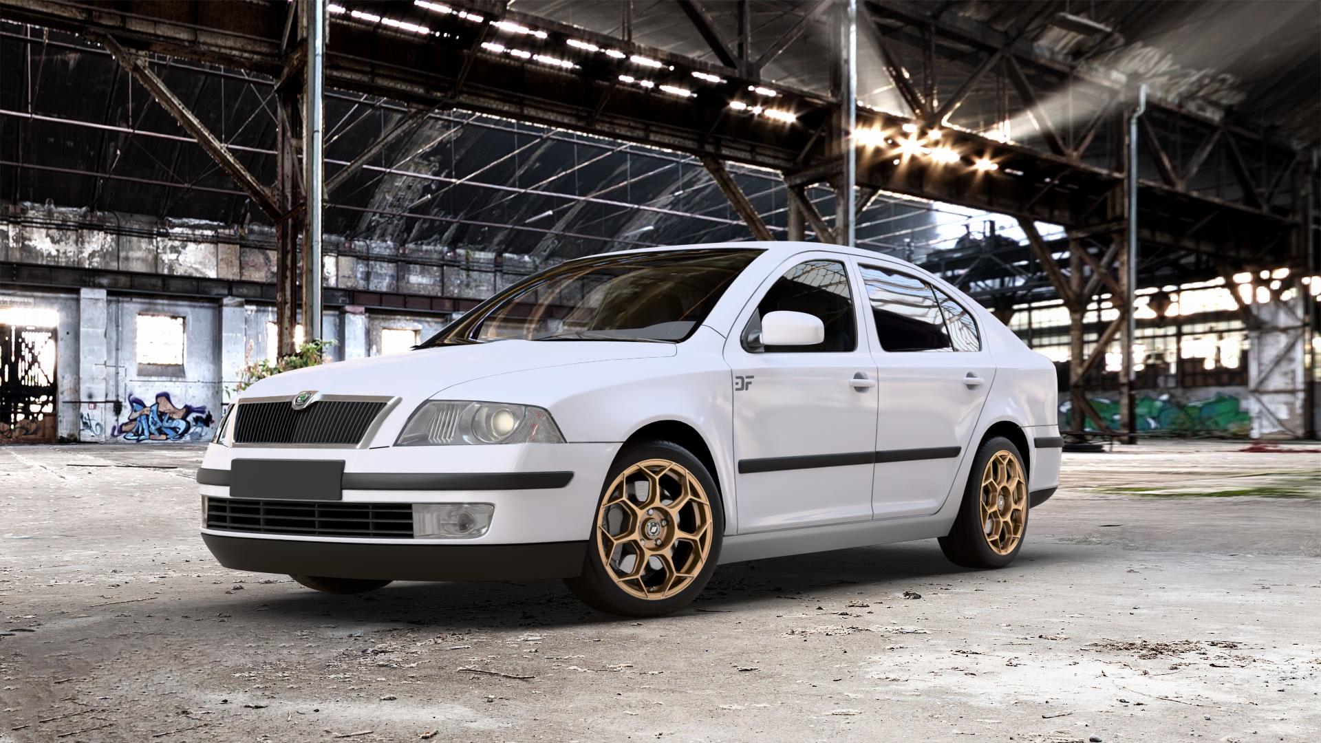 GMP Italia Raceway Oro Corsa Felge mit Reifen gold in 17Zoll Winterfelge Alufelge auf weissem Skoda Octavia II Limousine Typ 1Z3 1,4l 55kW (75 PS) 59kW (80 1,6l 75kW (102 FSI 85kW (116 1,8l TSI 118kW (160 1,2l 77kW (105 90kW (122 TDI I 1U2 ⬇️ mit 15mm Tieferlegung ⬇️ Old Industrial Hall_max_5300mm_2024 Frontansicht_1