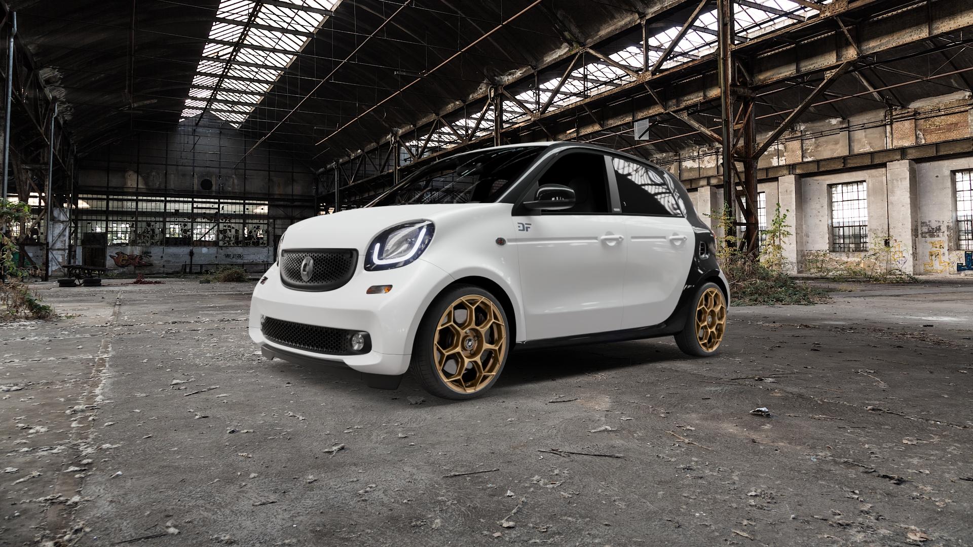 GMP Italia Raceway Oro Corsa Felge mit Reifen gold in 17Zoll Winterfelge Alufelge auf weissem Smart Forfour II (453) ⬇️ mit 15mm Tieferlegung ⬇️ Old Industrial Hall_max5000mm_2022 Frontansicht_1