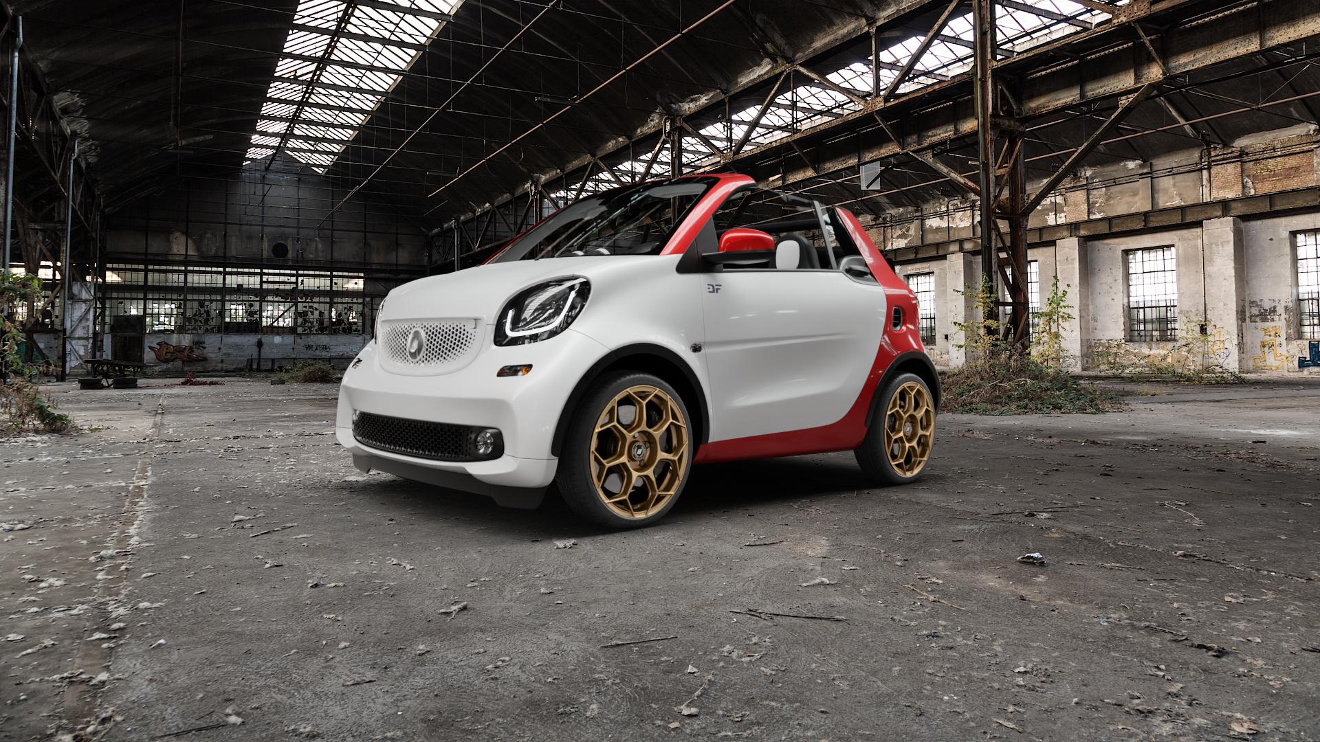 GMP Italia Raceway Oro Corsa Felge mit Reifen gold in 17Zoll Winterfelge Alufelge auf weissem Smart Fortwo Cabrio III (16-) (453) ⬇️ mit 15mm Tieferlegung ⬇️ Old Industrial Hall_max5000mm_2022 Frontansicht_1