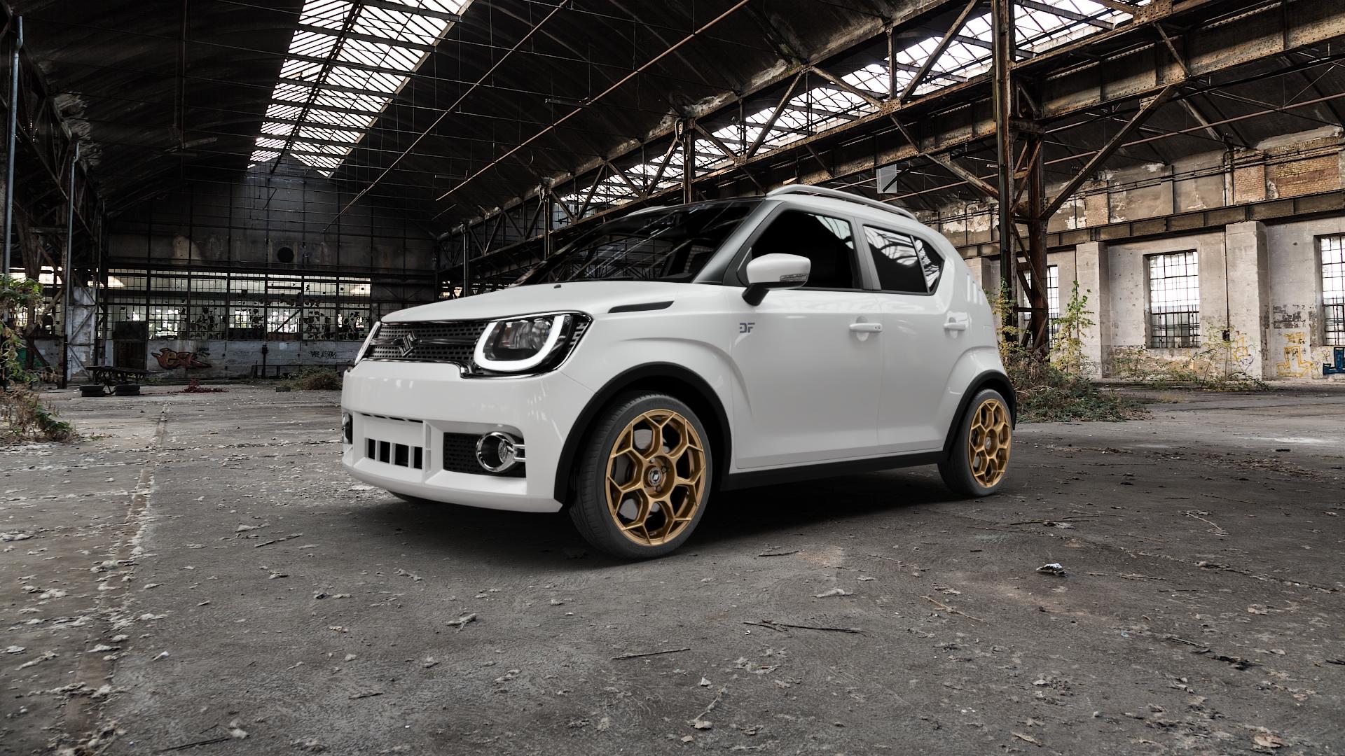 GMP Italia Raceway Oro Corsa Felge mit Reifen gold in 17Zoll Winterfelge Alufelge auf weissem Suzuki Ignis III Typ MF ⬇️ mit 15mm Tieferlegung ⬇️ Old Industrial Hall_max5000mm_2022 Frontansicht_1