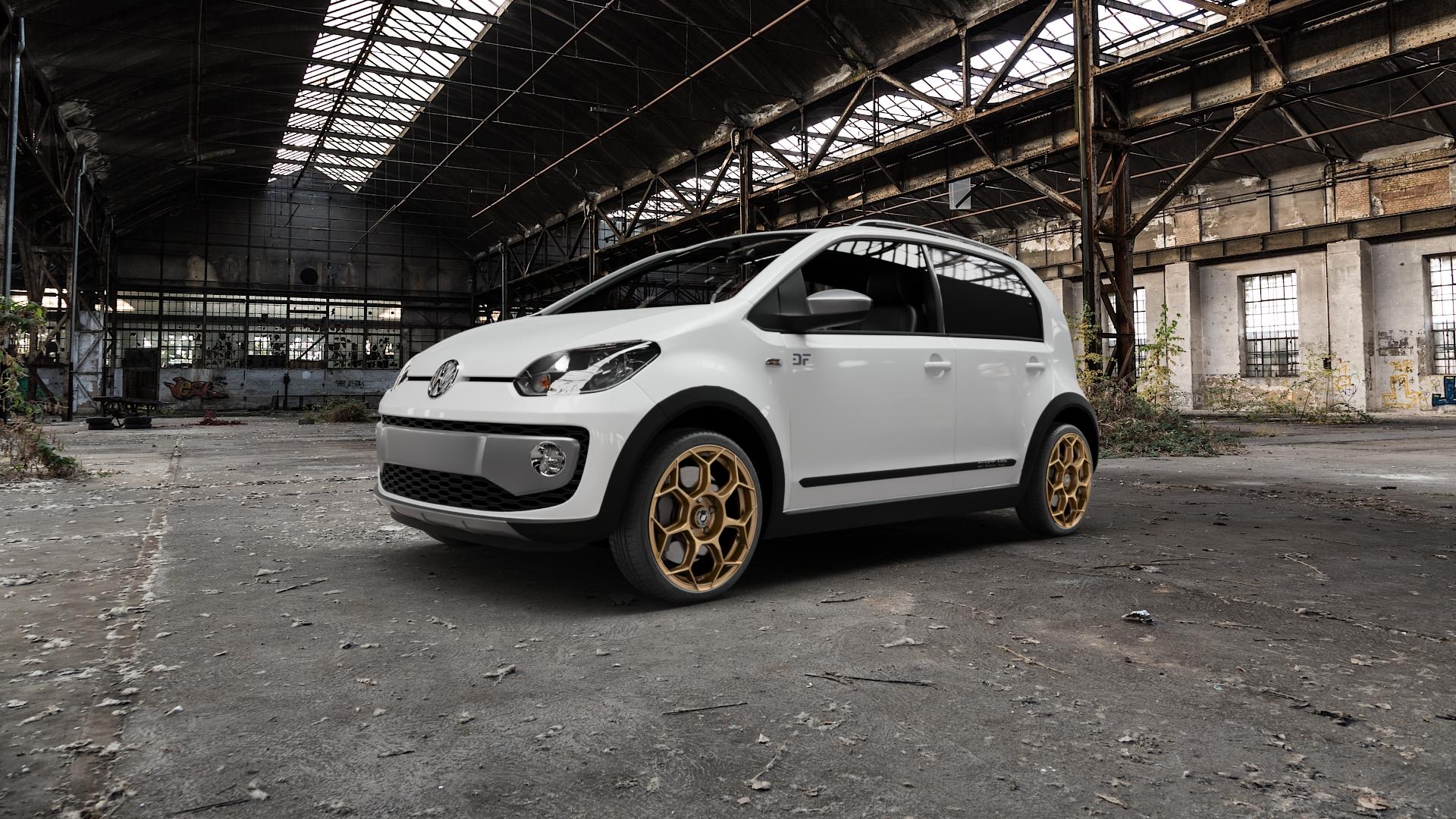 GMP Italia Raceway Oro Corsa Felge mit Reifen gold in 17Zoll Winterfelge Alufelge auf weissem Volkswagen (VW) UP Cross ⬇️ mit 15mm Tieferlegung ⬇️ Old Industrial Hall_max5000mm_2022 Frontansicht_1