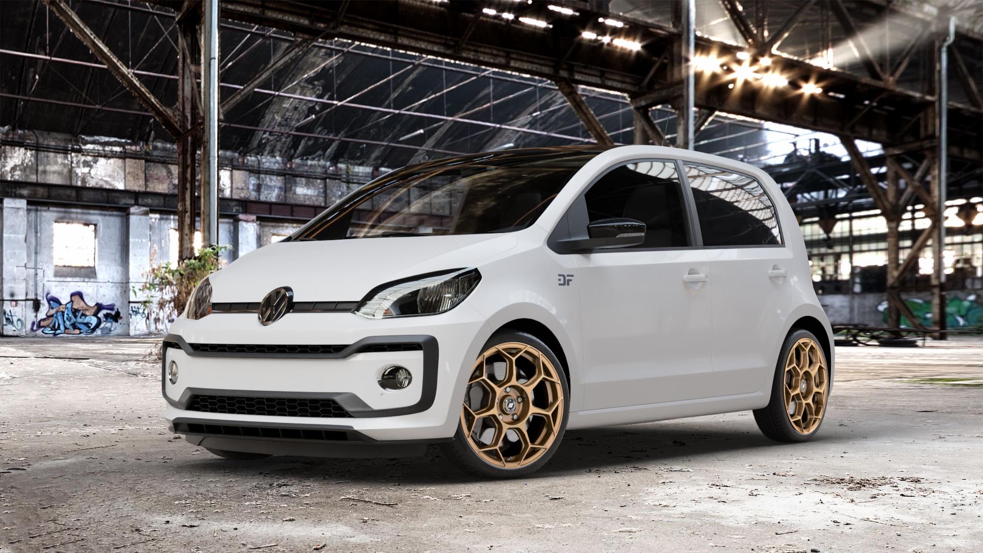 GMP Italia Raceway Oro Corsa Felge mit Reifen gold in 17Zoll Winterfelge Alufelge auf weissem Volkswagen (VW) UP Facelift ⬇️ mit 15mm Tieferlegung ⬇️ Old Industrial Hall_max_4400mm_2024 Frontansicht_1