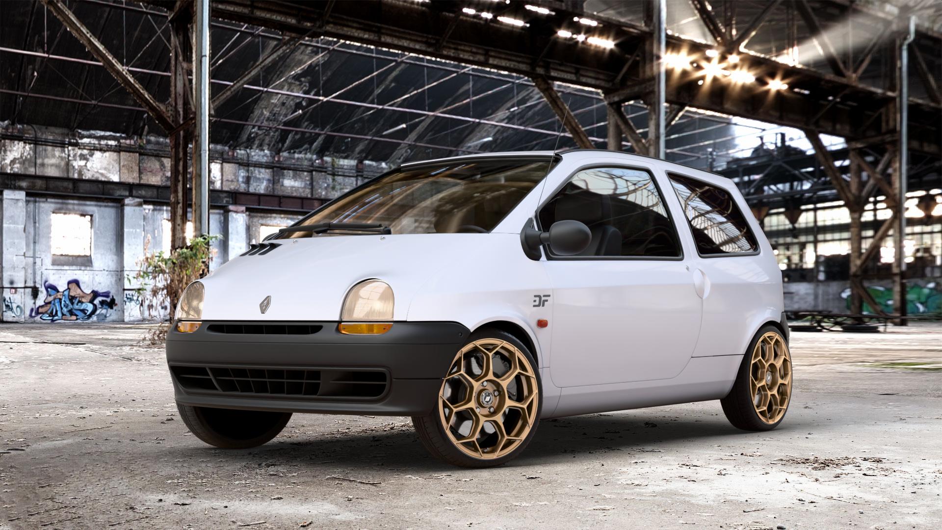 GMP Italia Raceway Oro Corsa Felge mit Reifen gold in 17Zoll Winterfelge Alufelge auf weissen Renault Twingo I Typ C06 ⬇️ mit 15mm Tieferlegung ⬇️ Old Industrial Hall_max_4400mm_2024 Frontansicht_1