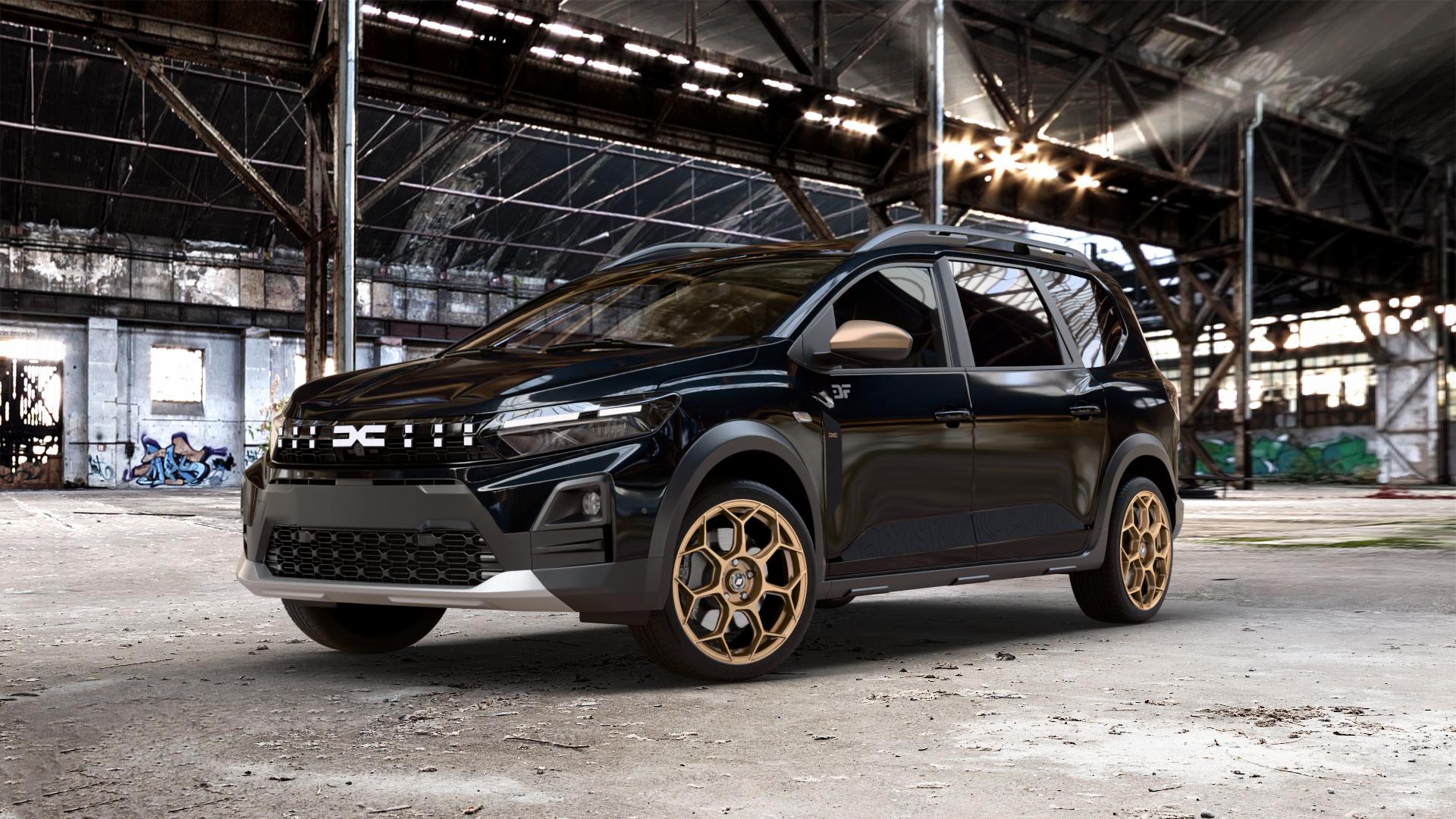 GMP Italia Raceway Oro Corsa Felge mit Reifen gold in 18Zoll Winterfelge Alufelge auf schwarzem Dacia Jogger Typ DJF Facelift ⬇️ mit 15mm Tieferlegung ⬇️ Old Industrial Hall_max_5300mm_2024 Frontansicht_1