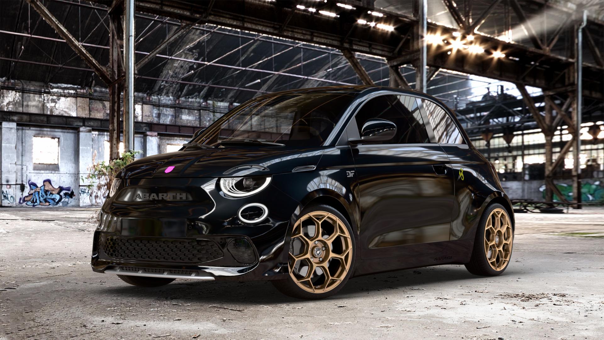 GMP Italia Raceway Oro Corsa Felge mit Reifen gold in 18Zoll Winterfelge Alufelge auf schwarzem Fiat 500e Abarth Typ FA1 ⬇️ mit 15mm Tieferlegung ⬇️ Old Industrial Hall_max_4400mm_2024 Frontansicht_1