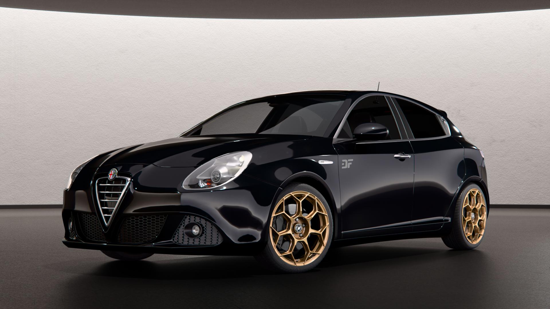 GMP Italia Raceway Oro Corsa Felge mit Reifen gold in 18Zoll Winterfelge Alufelge auf schwarzem metallic Alfa Romeo Giulietta Typ 940 ⬇️ mit 15mm Tieferlegung ⬇️ Neutral Scene Mark III 2026_max 4400mm Frontansicht_1