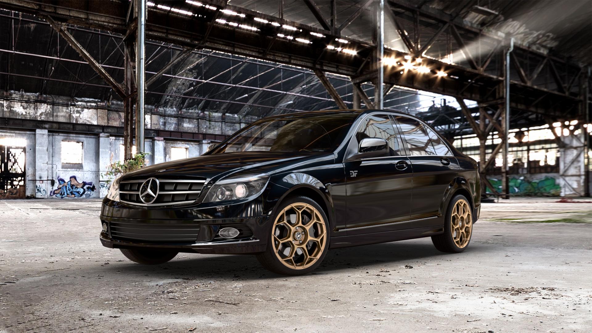 GMP Italia Raceway Oro Corsa Felge mit Reifen gold in 18Zoll Winterfelge Alufelge auf schwarzem metallic Mercedes C-Klasse Typ W204 Limousine ⬇️ mit 15mm Tieferlegung ⬇️ Old Industrial Hall_max_5300mm_2024 Frontansicht_1