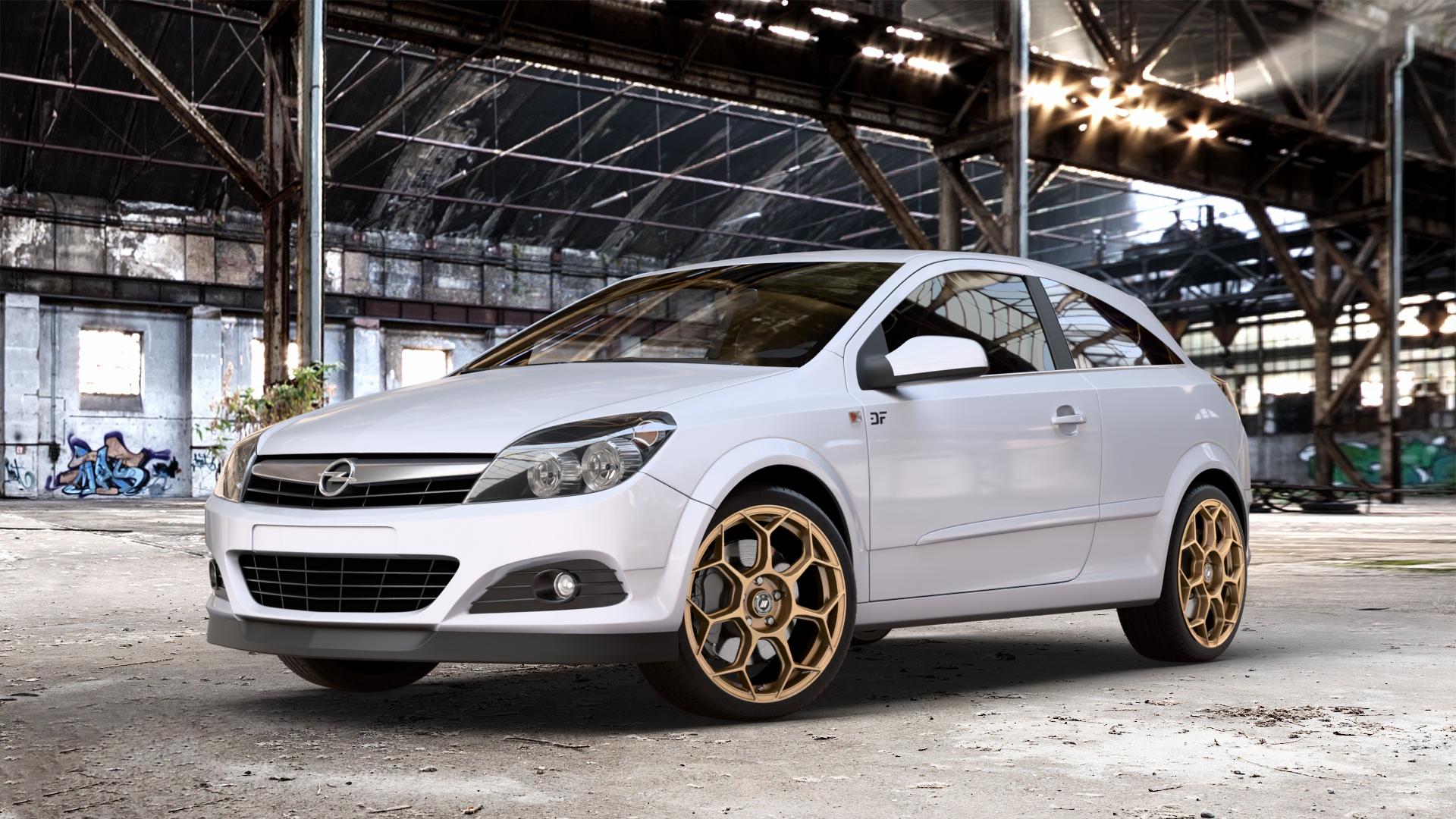 GMP Italia Raceway Oro Corsa Felge mit Reifen gold in 18Zoll Winterfelge Alufelge auf Weiss Uni Opel Astra H GTC Typ A-H/C ⬇️ mit 15mm Tieferlegung ⬇️ Old Industrial Hall_max_4400mm_2024 Frontansicht_1