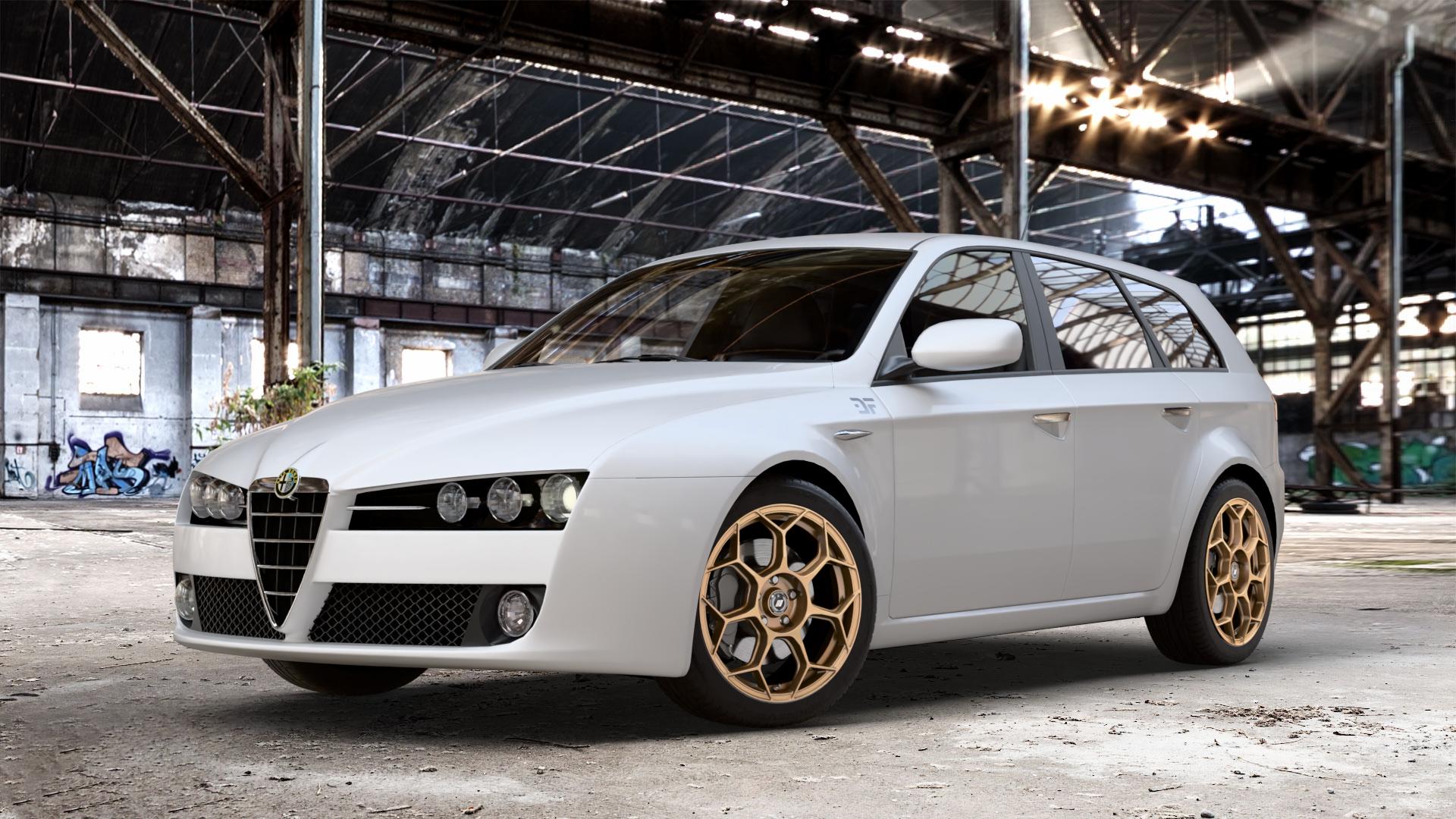 GMP Italia Raceway Oro Corsa Felge mit Reifen gold in 18Zoll Winterfelge Alufelge auf weissem Alfa Romeo 159 Sportwagon ⬇️ mit 15mm Tieferlegung ⬇️ Old Industrial Hall_max_4400mm_2024 Frontansicht_1