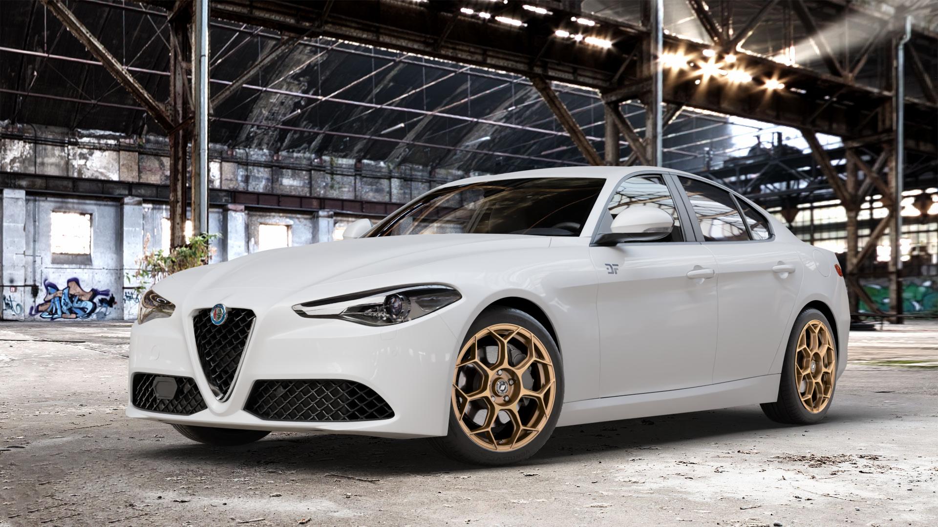 GMP Italia Raceway Oro Corsa Felge mit Reifen gold in 18Zoll Winterfelge Alufelge auf weissem Alfa Romeo Giulia Typ 952 ⬇️ mit 15mm Tieferlegung ⬇️ Old Industrial Hall_max_4400mm_2024 Frontansicht_1