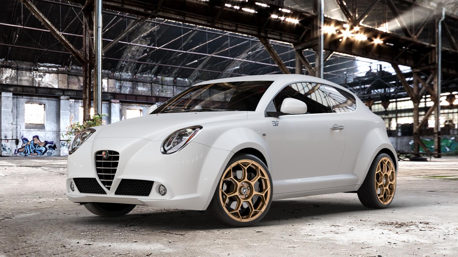 GMP Italia Raceway Oro Corsa Felge mit Reifen gold in 18Zoll Winterfelge Alufelge auf weissem Alfa Romeo Mito Typ 955 ⬇️ mit 15mm Tieferlegung ⬇️ Old Industrial Hall_max_4400mm_2024 Frontansicht_1