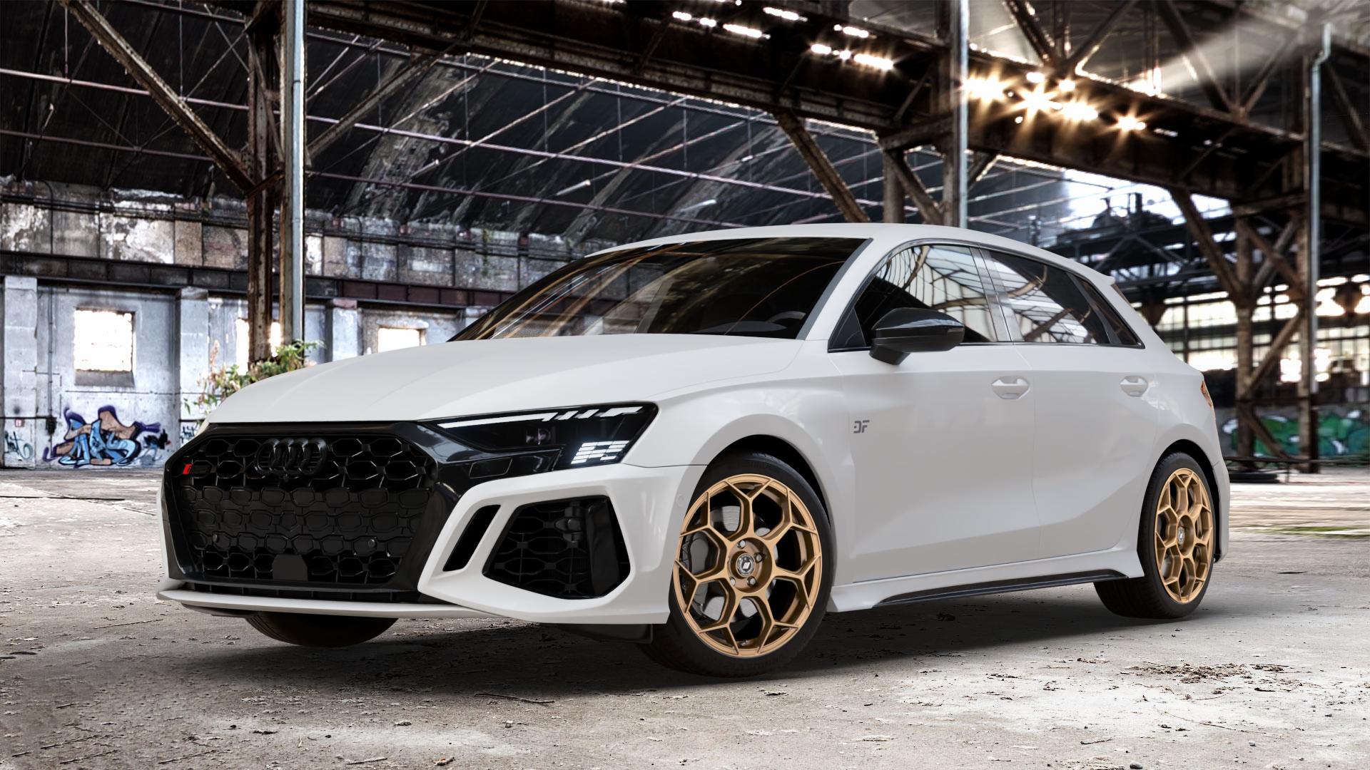 GMP Italia Raceway Oro Corsa Felge mit Reifen gold in 18Zoll Winterfelge Alufelge auf weissem Audi A3 Typ GY (Sportback) 2,5l TFSI quattro 294kW RS3 (400 PS) 299kW (407 ⬇️ mit 15mm Tieferlegung ⬇️ Old Industrial Hall_max_4400mm_2024 Frontansicht_1