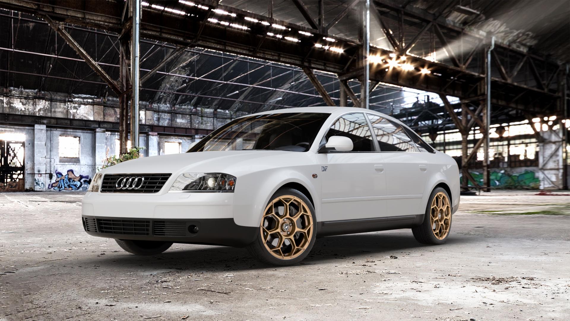 GMP Italia Raceway Oro Corsa Felge mit Reifen gold in 18Zoll Winterfelge Alufelge auf weissem Audi A6 Typ 4B/C5 (Limousine) ⬇️ mit 15mm Tieferlegung ⬇️ Old Industrial Hall_max_5300mm_2024 Frontansicht_1