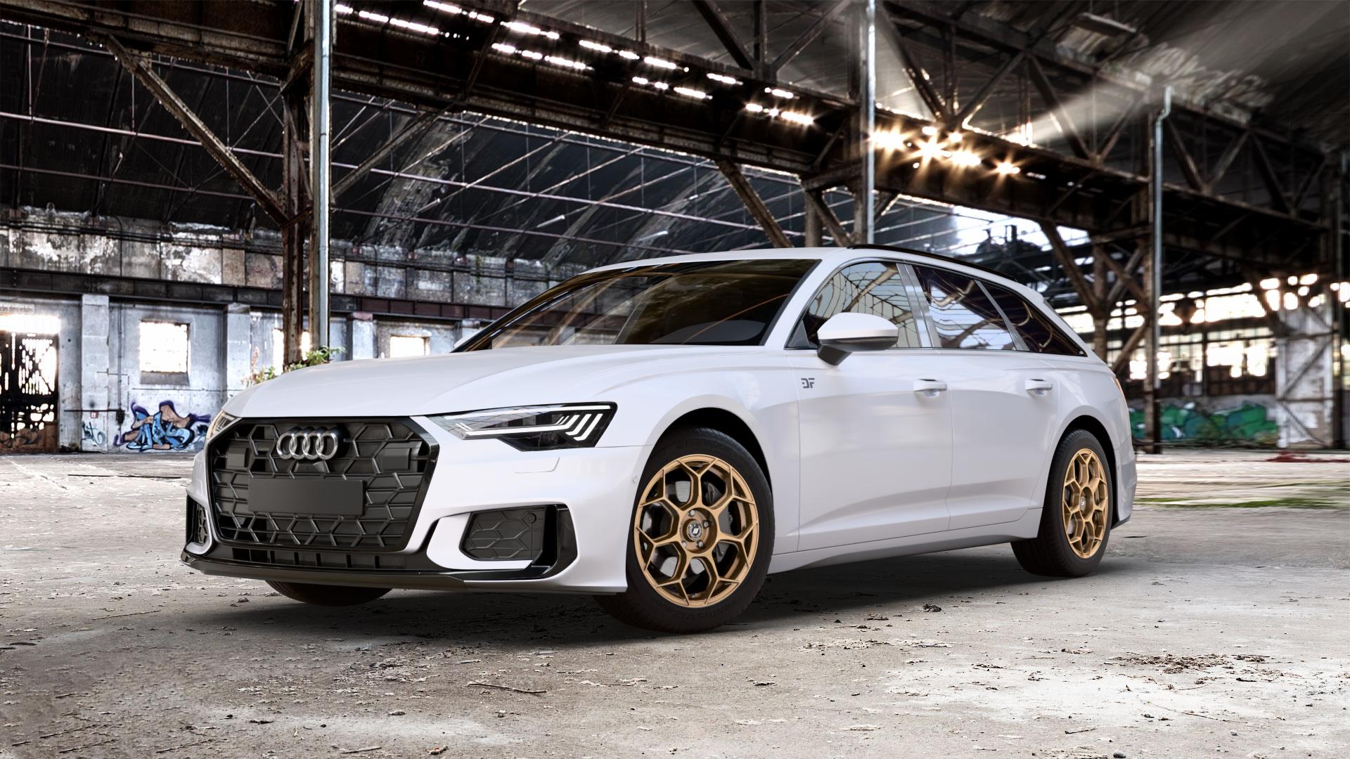 GMP Italia Raceway Oro Corsa Felge mit Reifen gold in 18Zoll Winterfelge Alufelge auf weissem Audi A6 Typ F2/C8 (Avant) Facelift 2,0l 35 TDI 120kW Mild-Hybrid (163 PS) 40 150kW (204 quattro TFSI 3,0l 45 180kW (245 195kW (265 50 210kW (286 e Hybrid 55 250k ⬇️ mit 15mm Tieferlegung ⬇️ Old Industrial Hall_max_5300mm_2024 Frontansicht_1