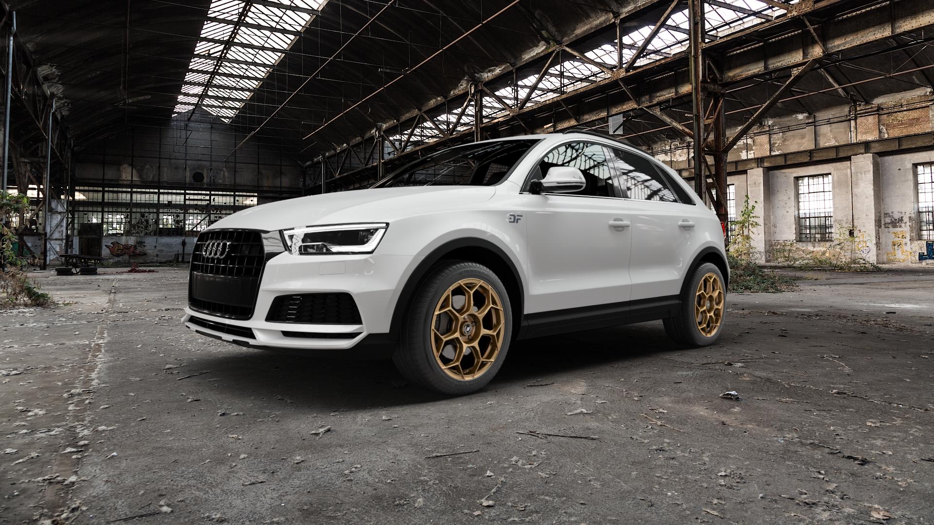 GMP Italia Raceway Oro Corsa Felge mit Reifen gold in 18Zoll Winterfelge Alufelge auf weissem Audi Q3 I Typ 8U Facelift ⬇️ mit 15mm Tieferlegung ⬇️ Old Industrial Hall_max5000mm_2022 Frontansicht_1