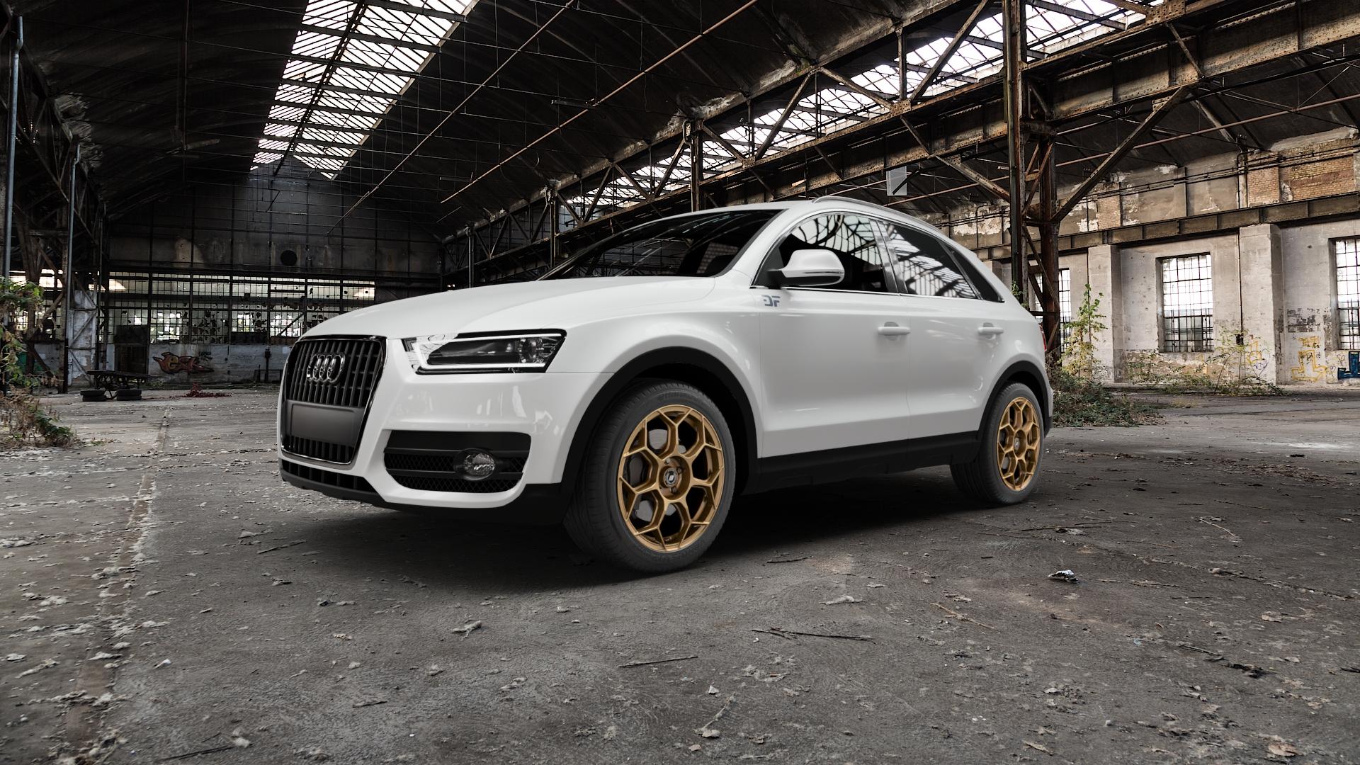 GMP Italia Raceway Oro Corsa Felge mit Reifen gold in 18Zoll Winterfelge Alufelge auf weissem Audi Q3 I Typ 8U ⬇️ mit 15mm Tieferlegung ⬇️ Old Industrial Hall_max5000mm_2022 Frontansicht_1