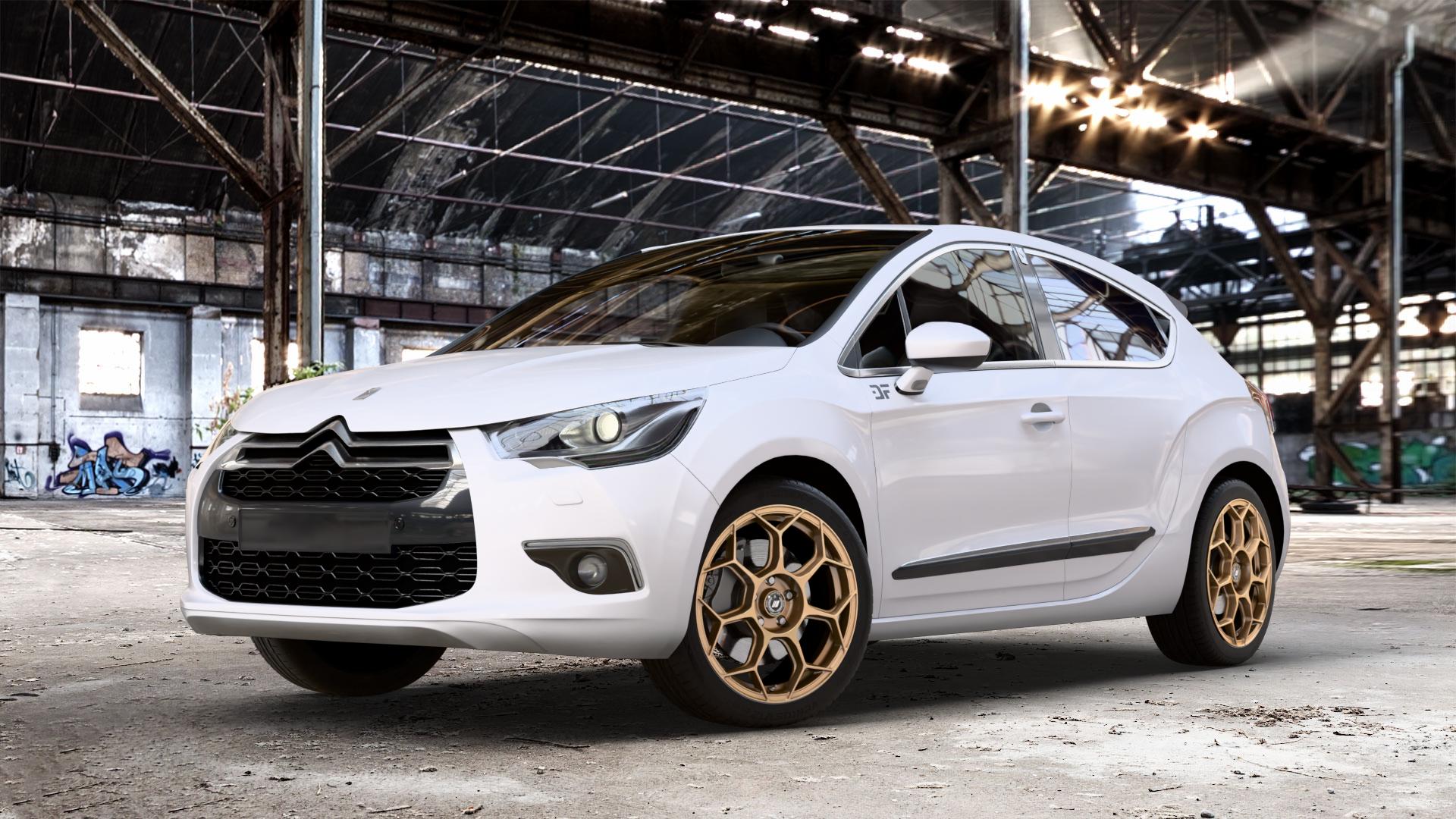 GMP Italia Raceway Oro Corsa Felge mit Reifen gold in 18Zoll Winterfelge Alufelge auf weissem Citroen DS4 Typ N DS Automobiles I ⬇️ mit 15mm Tieferlegung ⬇️ Old Industrial Hall_max_4400mm_2024 Frontansicht_1