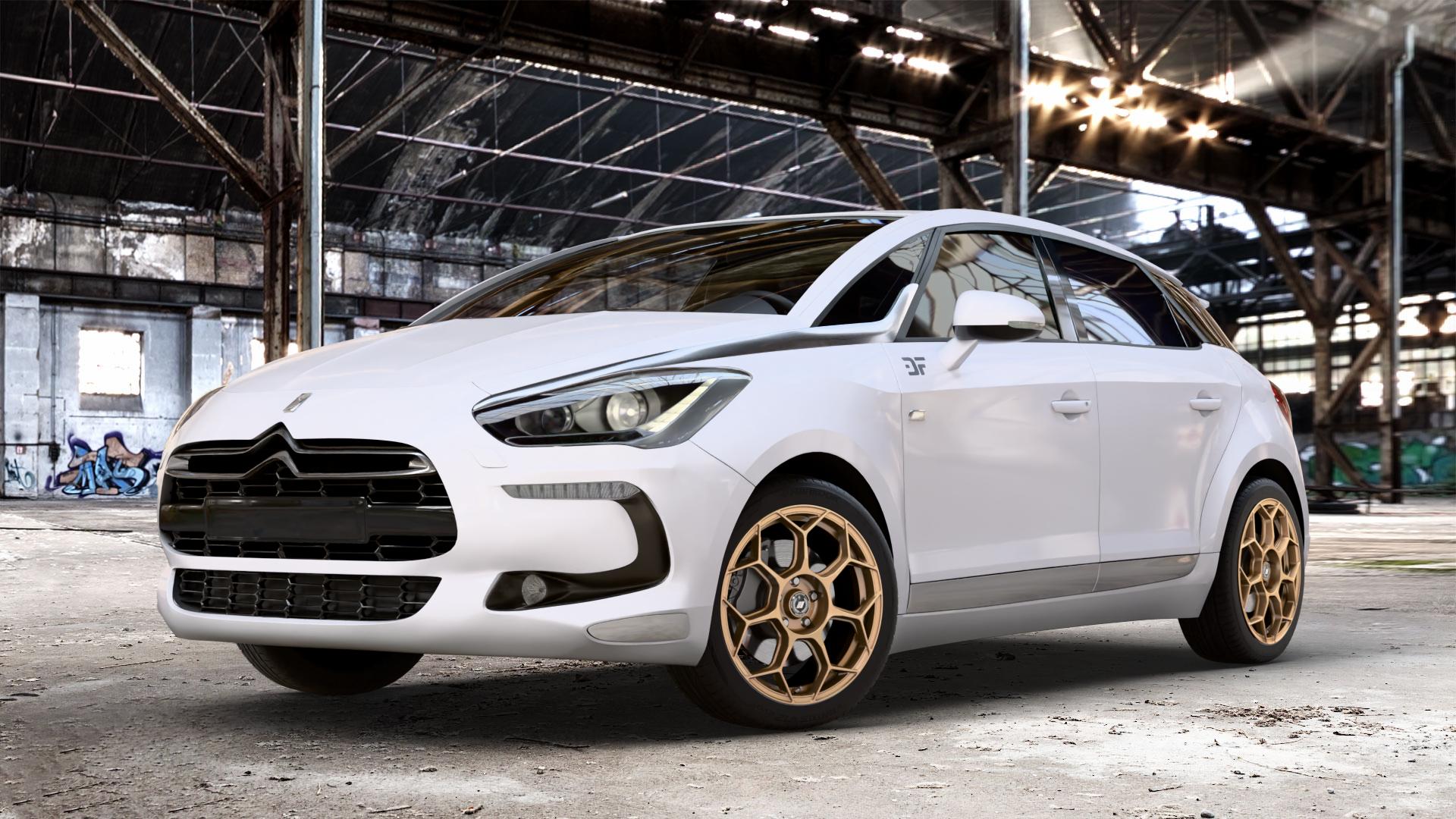 GMP Italia Raceway Oro Corsa Felge mit Reifen gold in 18Zoll Winterfelge Alufelge auf weissem Citroen DS5 Typ K DS Automobiles ⬇️ mit 15mm Tieferlegung ⬇️ Old Industrial Hall_max_4400mm_2024 Frontansicht_1