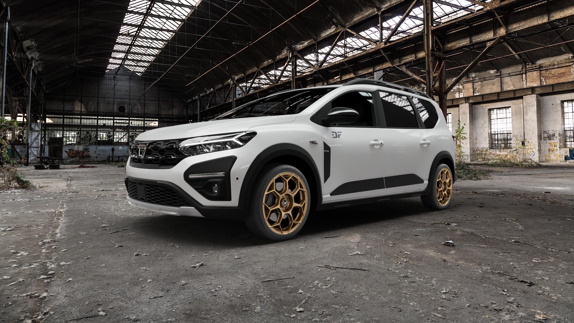 GMP Italia Raceway Oro Corsa Felge mit Reifen gold in 18Zoll Winterfelge Alufelge auf weissem Dacia Jogger Typ DJF ⬇️ mit 15mm Tieferlegung ⬇️ Old Industrial Hall_max5000mm_2022 Frontansicht_1
