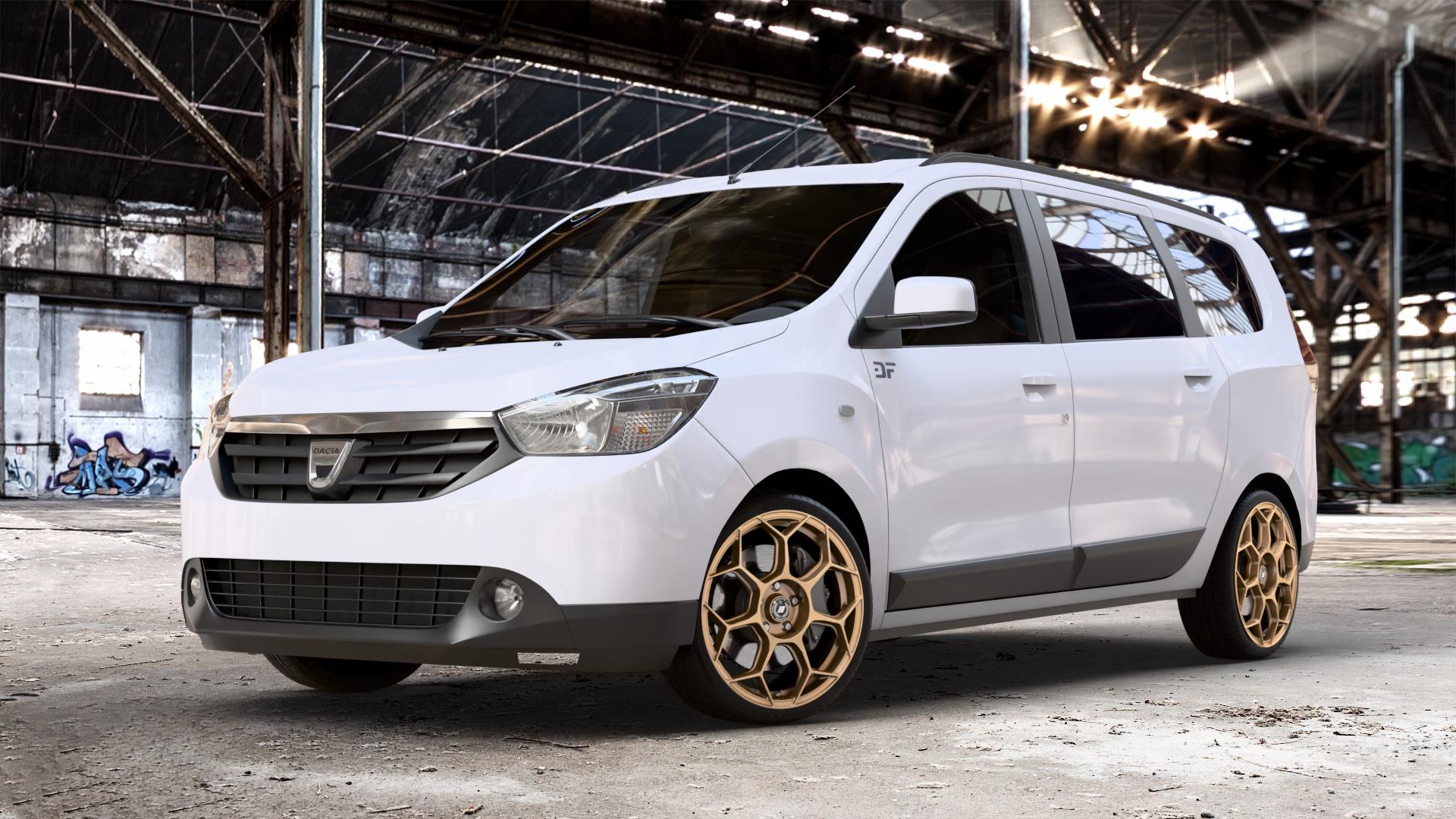 GMP Italia Raceway Oro Corsa Felge mit Reifen gold in 18Zoll Winterfelge Alufelge auf weissem Dacia Lodgy Typ SD 1,6l MPI 61kW (83 PS) 1,2l TCe 85kW (116 1,5l dCi 66kW (90 79kW (107 80kW (109 75kW (102 LPG ⬇️ mit 15mm Tieferlegung ⬇️ Old Industrial Hall_max_4400mm_2024 Frontansicht_1