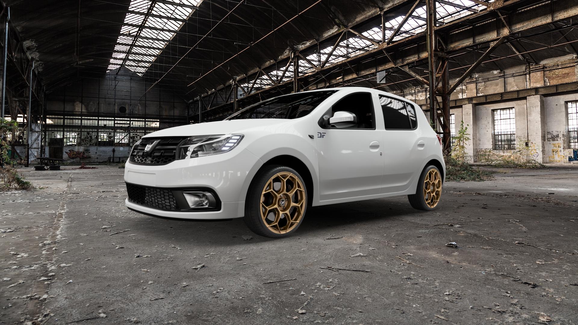 GMP Italia Raceway Oro Corsa Felge mit Reifen gold in 18Zoll Winterfelge Alufelge auf weissem Dacia Sandero II Typ SD Facelift ⬇️ mit 15mm Tieferlegung ⬇️ Old Industrial Hall_max5000mm_2022 Frontansicht_1
