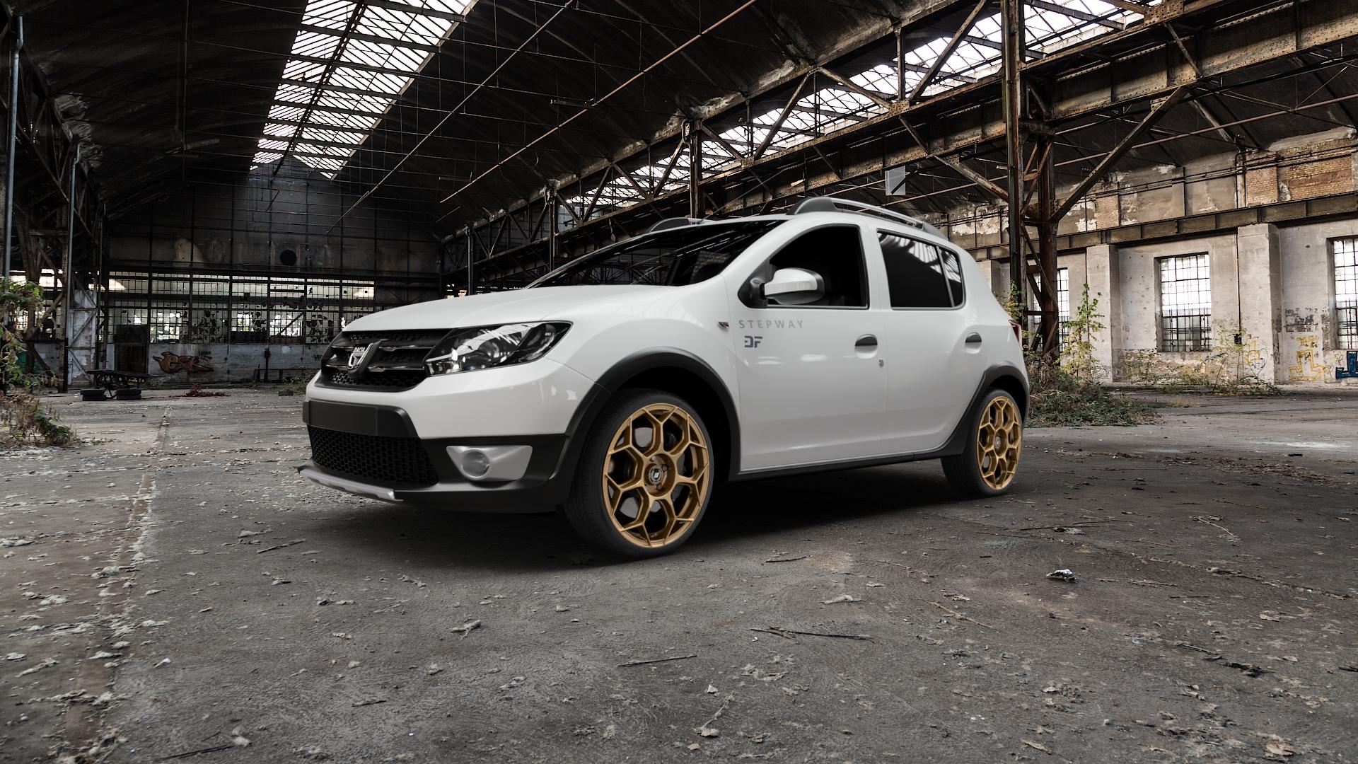 GMP Italia Raceway Oro Corsa Felge mit Reifen gold in 18Zoll Winterfelge Alufelge auf weissem Dacia Sandero Stepway II Typ SD ⬇️ mit 15mm Tieferlegung ⬇️ Old Industrial Hall_max5000mm_2022 Frontansicht_1