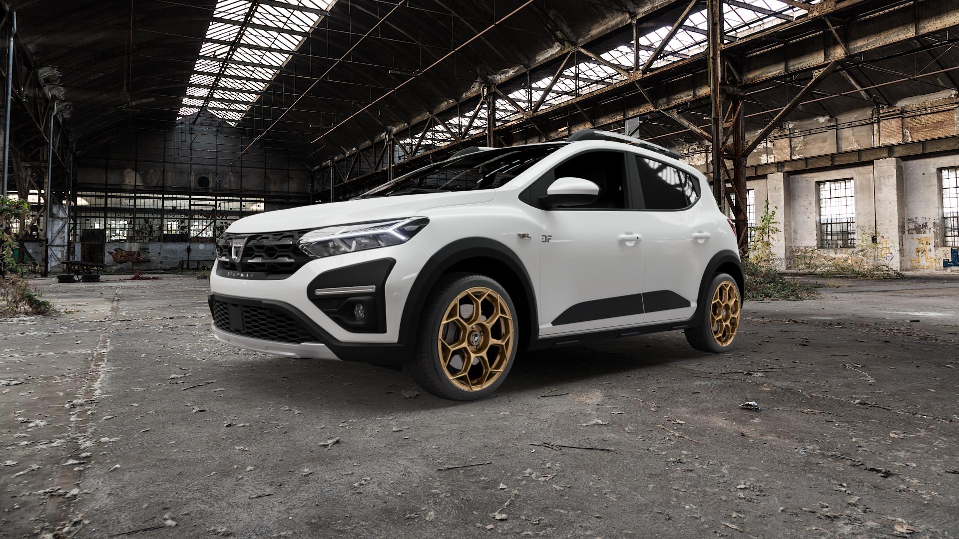 GMP Italia Raceway Oro Corsa Felge mit Reifen gold in 18Zoll Winterfelge Alufelge auf weissem Dacia Sandero Stepway III Typ DJF ⬇️ mit 15mm Tieferlegung ⬇️ Old Industrial Hall_max5000mm_2022 Frontansicht_1