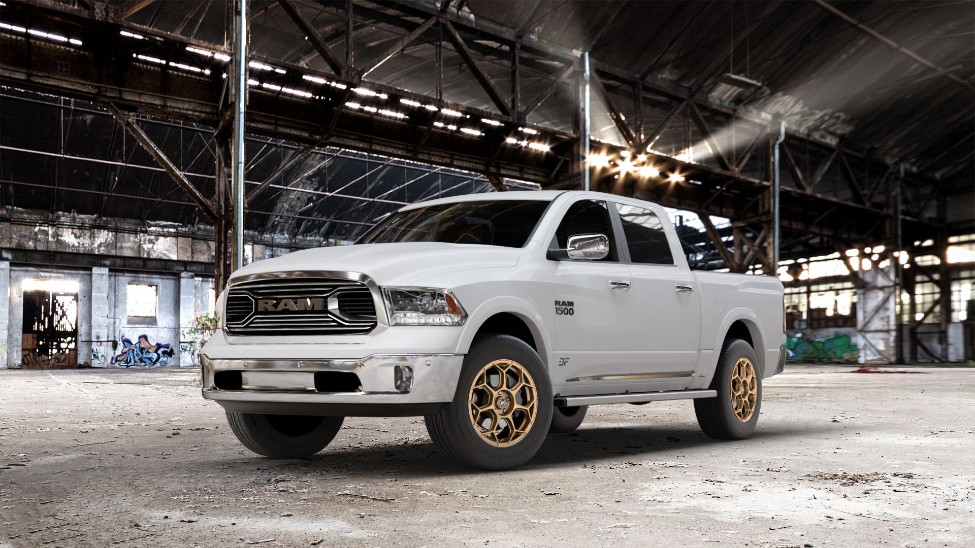 GMP Italia Raceway Oro Corsa Felge mit Reifen gold in 18Zoll Winterfelge Alufelge auf weissem Dodge RAM 1500 IV Typ DJ, DS ⬇️ mit 15mm Tieferlegung ⬇️ Old Industrial Hall_max_7000mm_2024 Frontansicht_1