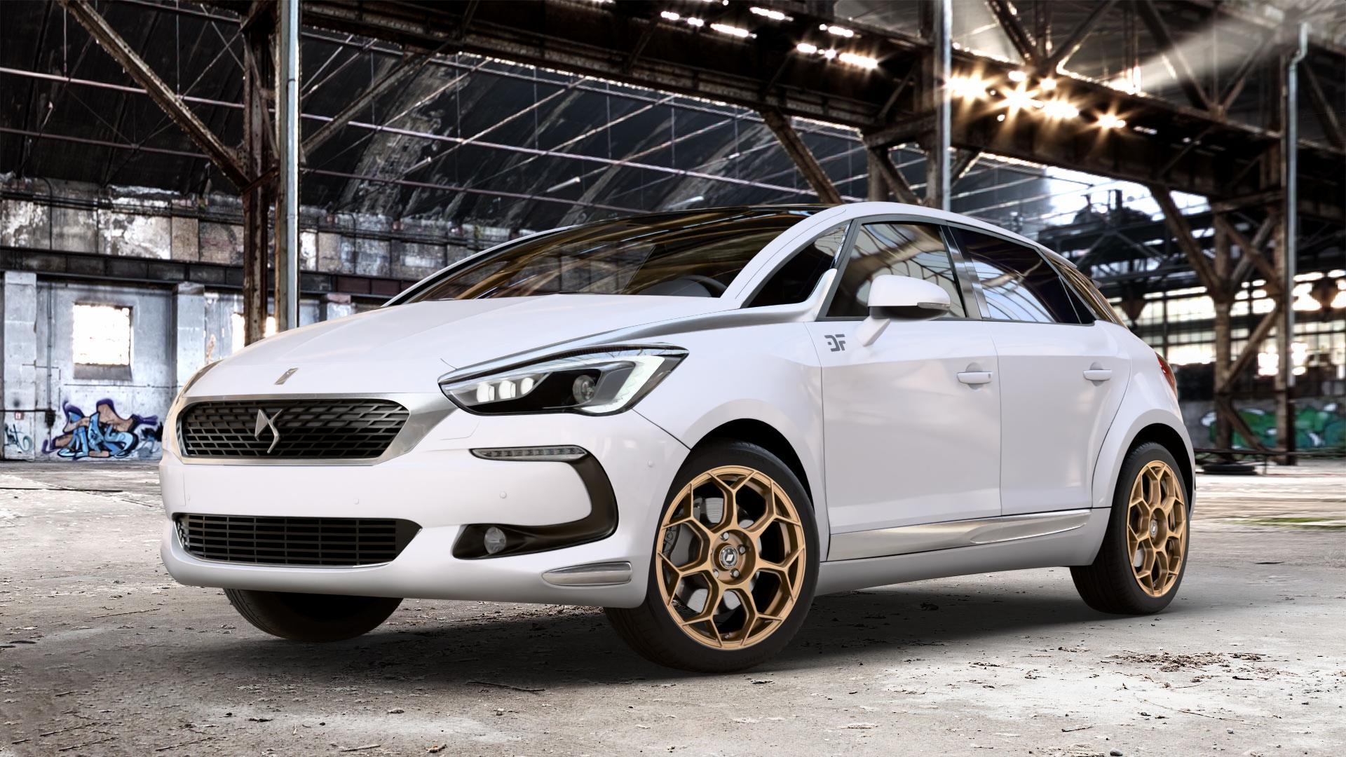 GMP Italia Raceway Oro Corsa Felge mit Reifen gold in 18Zoll Winterfelge Alufelge auf weissem DS Automobiles DS5 Typ K Facelift ⬇️ mit 15mm Tieferlegung ⬇️ Old Industrial Hall_max_4400mm_2024 Frontansicht_1