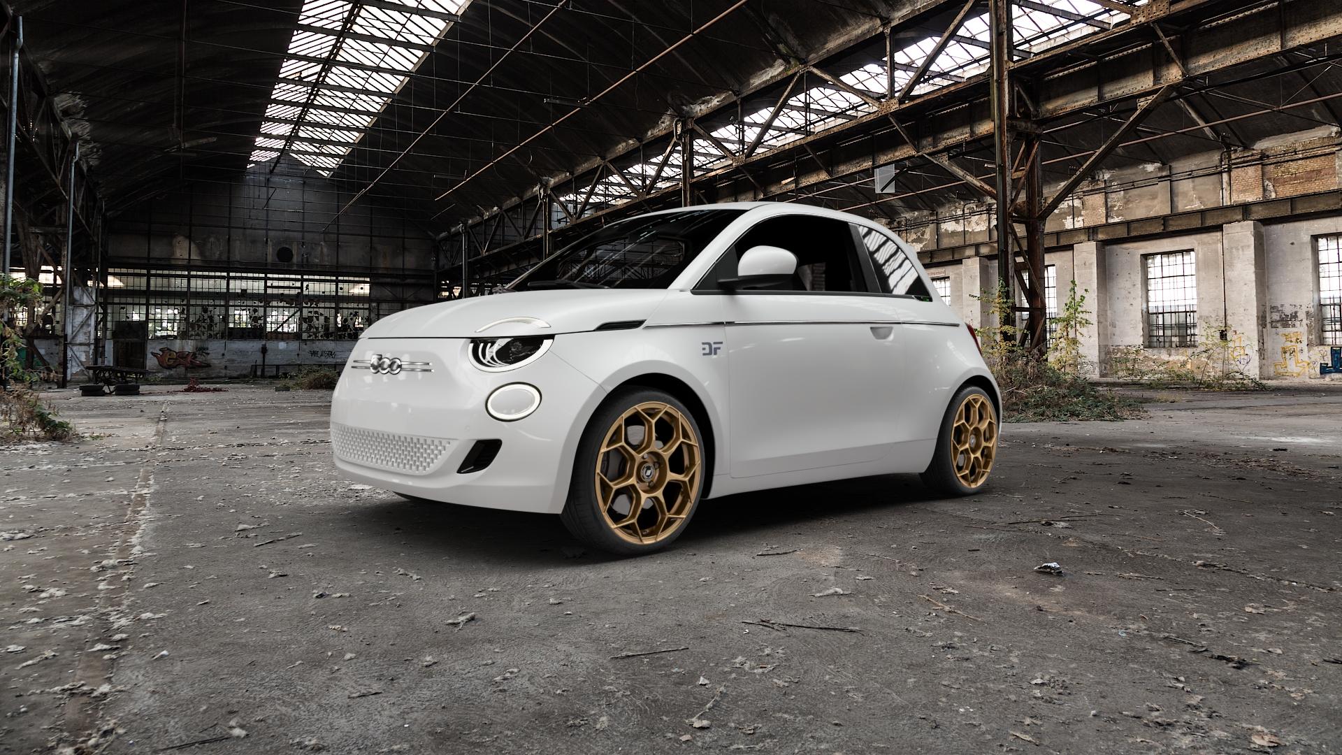 GMP Italia Raceway Oro Corsa Felge mit Reifen gold in 18Zoll Winterfelge Alufelge auf weissem Fiat 500e Typ FA1 Limousine 500 Hybrid ⬇️ mit 15mm Tieferlegung ⬇️ Old Industrial Hall_max5000mm_2022 Frontansicht_1