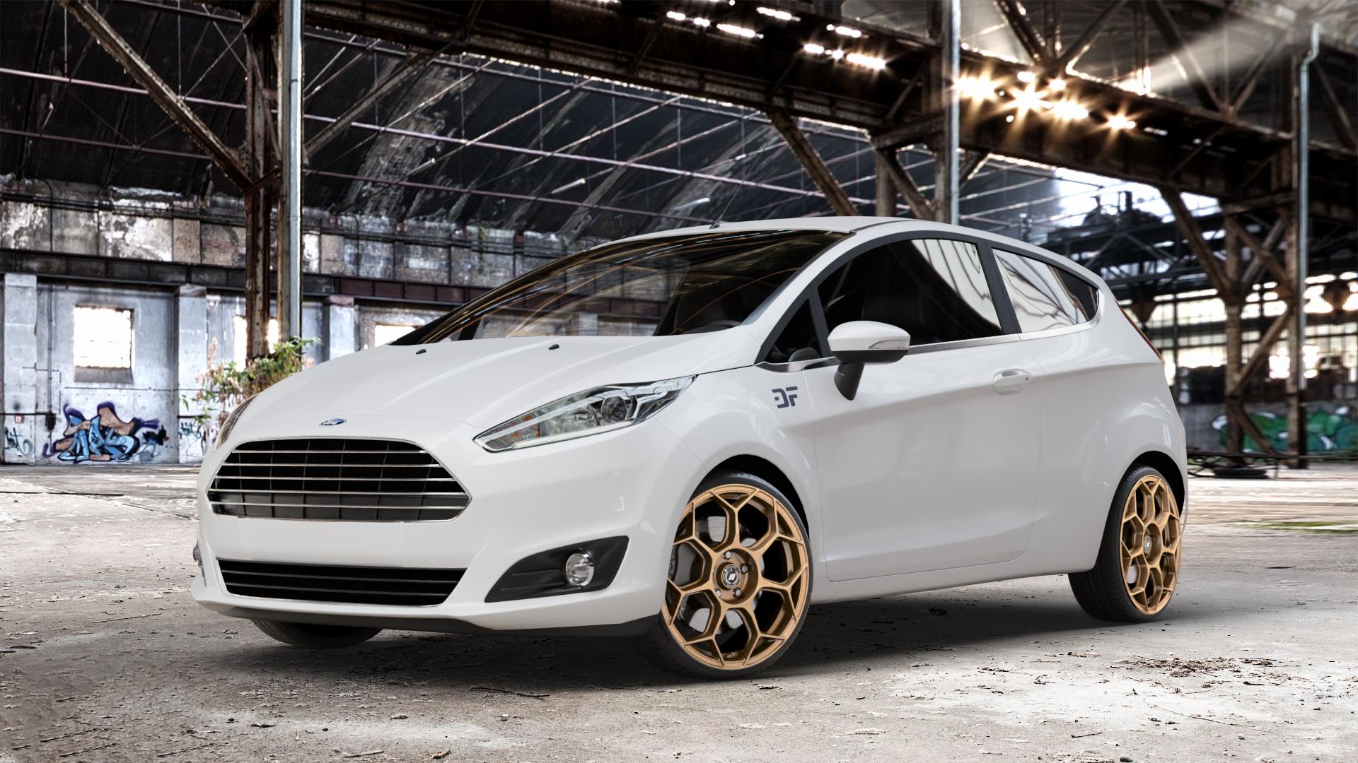 GMP Italia Raceway Oro Corsa Felge mit Reifen gold in 18Zoll Winterfelge Alufelge auf weissem Ford Fiesta VI Typ JA8 Facelift ⬇️ mit 15mm Tieferlegung ⬇️ Old Industrial Hall_max_4400mm_2024 Frontansicht_1