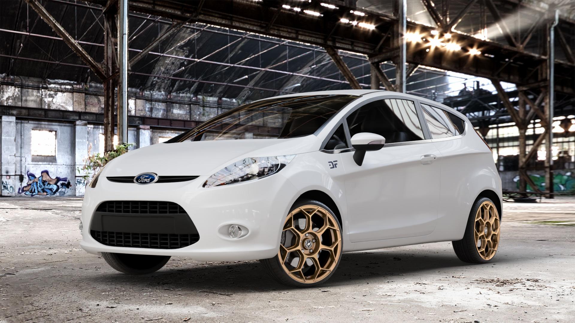 GMP Italia Raceway Oro Corsa Felge mit Reifen gold in 18Zoll Winterfelge Alufelge auf weissem Ford Fiesta VI Typ JA8 ⬇️ mit 15mm Tieferlegung ⬇️ Old Industrial Hall_max_4400mm_2024 Frontansicht_1