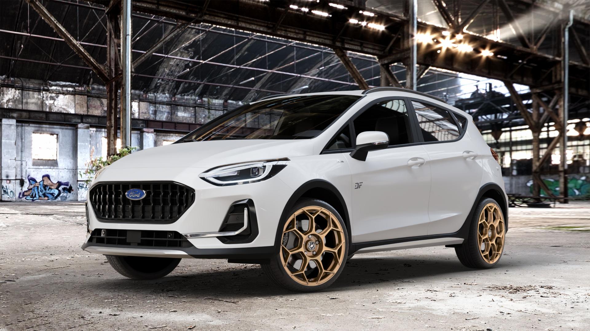 GMP Italia Raceway Oro Corsa Felge mit Reifen gold in 18Zoll Winterfelge Alufelge auf weissem Ford Fiesta VII Typ JHH Active Facelift ⬇️ mit 15mm Tieferlegung ⬇️ Old Industrial Hall_max_4400mm_2024 Frontansicht_1