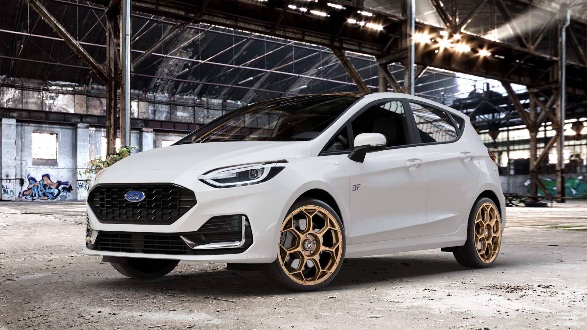 GMP Italia Raceway Oro Corsa Felge mit Reifen gold in 18Zoll Winterfelge Alufelge auf weissem Ford Fiesta VII Typ JHH Facelift 1,0l EcoBoost 74kW (101 PS) 92kW (125 Mild-Hybrid 114kW (155 1,1l 55kW (75 ⬇️ mit 15mm Tieferlegung ⬇️ Old Industrial Hall_max_4400mm_2024 Frontansicht_1
