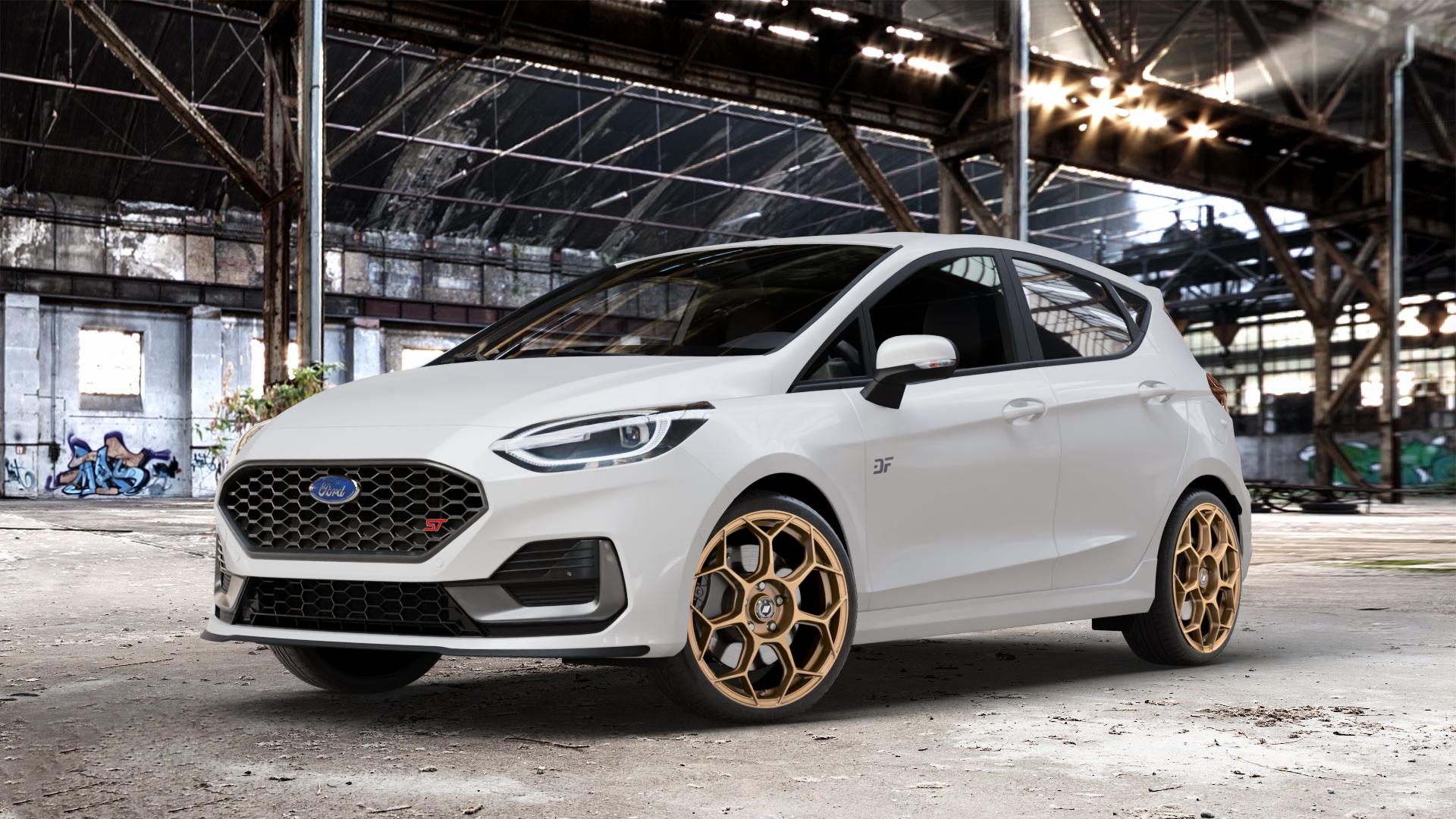 GMP Italia Raceway Oro Corsa Felge mit Reifen gold in 18Zoll Winterfelge Alufelge auf weissem Ford Fiesta VII Typ JHH Facelift 1,5l EcoBoost 147kW ST (200 PS) ⬇️ mit 15mm Tieferlegung ⬇️ Old Industrial Hall_max_4400mm_2024 Frontansicht_1