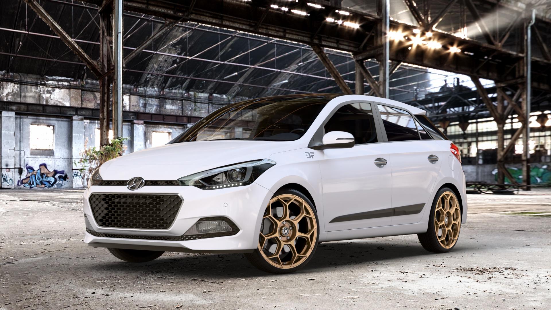 GMP Italia Raceway Oro Corsa Felge mit Reifen gold in 18Zoll Winterfelge Alufelge auf weissem Hyundai i20 Typ GB Coupe Facelift ⬇️ mit 15mm Tieferlegung ⬇️ Old Industrial Hall_max_4400mm_2024 Frontansicht_1