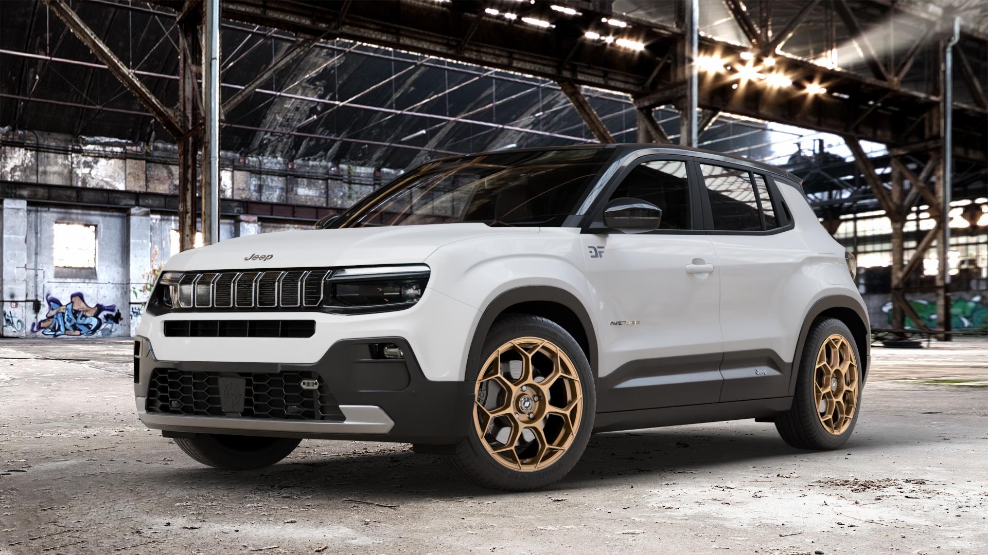 GMP Italia Raceway Oro Corsa Felge mit Reifen gold in 18Zoll Winterfelge Alufelge auf weissem Jeep Avenger Typ FH1 ⬇️ mit 15mm Tieferlegung ⬇️ Old Industrial Hall_max_4400mm_2024 Frontansicht_1