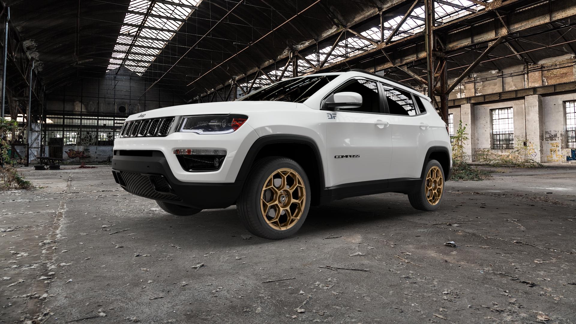 GMP Italia Raceway Oro Corsa Felge mit Reifen gold in 18Zoll Winterfelge Alufelge auf weissem Jeep Compass III Typ MX ⬇️ mit 15mm Tieferlegung ⬇️ Old Industrial Hall_max5000mm_2022 Frontansicht_1